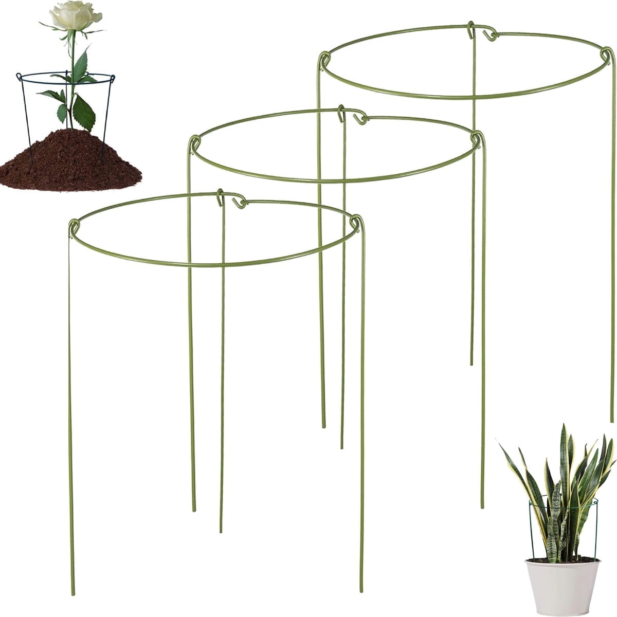 Tutuviw 3 Pcs Garden Plant Support Rings for Potted Plant,9x11in Round Metal Plant Stakes Rings,Garden Plant Support Brace,Peony Cages Support Stakes Ring,Plant Support Stakes for Indoor Outdoor 7"