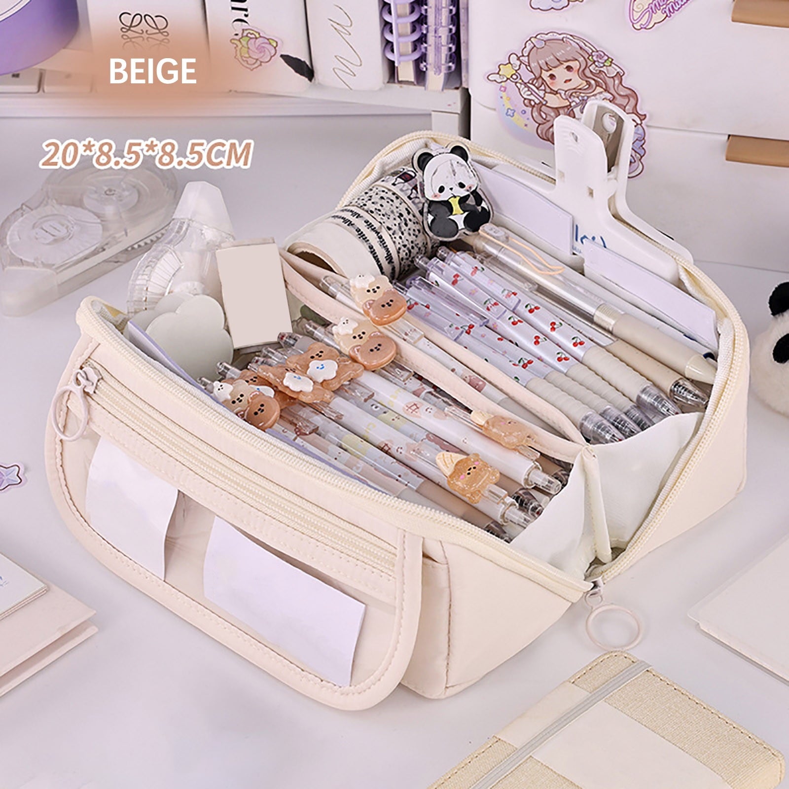 Multi-layer Cloth Pencil Case, Large Capacity Pen Pouch, Pen Stationery Organizer, Portable Art Supply Marker Storage Pencil Box for Office, Home, Travel(Purple) Beige