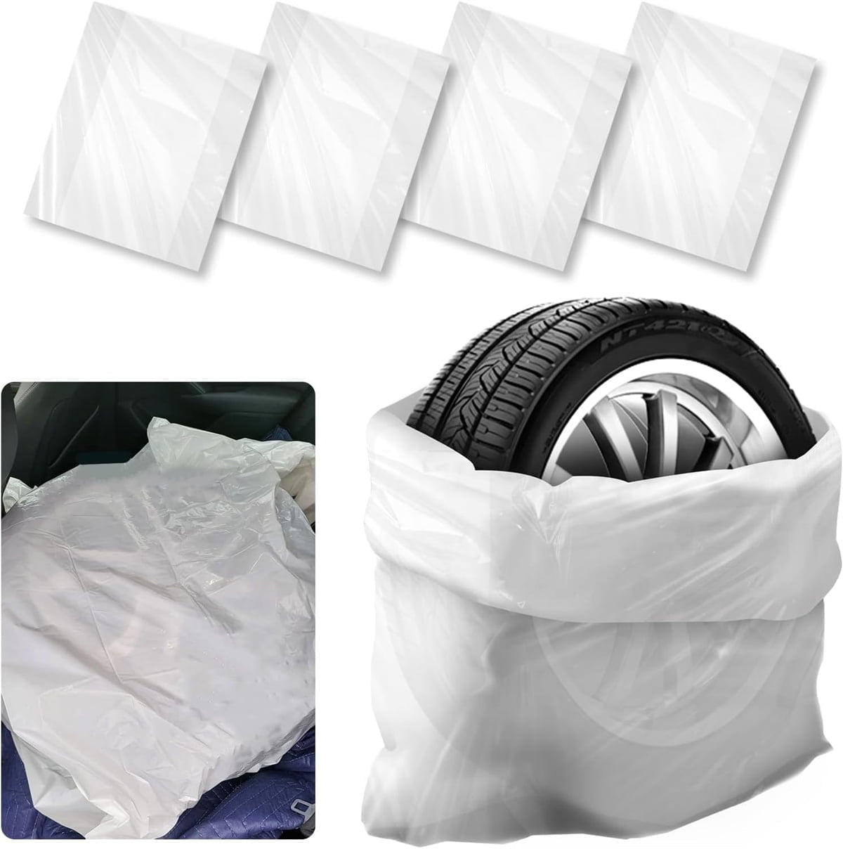 4Pcs Extra-Large Tire Covers,Tutuviw Tire Storage Bags,Waterproof Dustproof Wheel Protective Cover,Automotive Accessories Tear-Resistant Plastic Tire Bags Spare Tyre Bags Universal for Most Vehicles