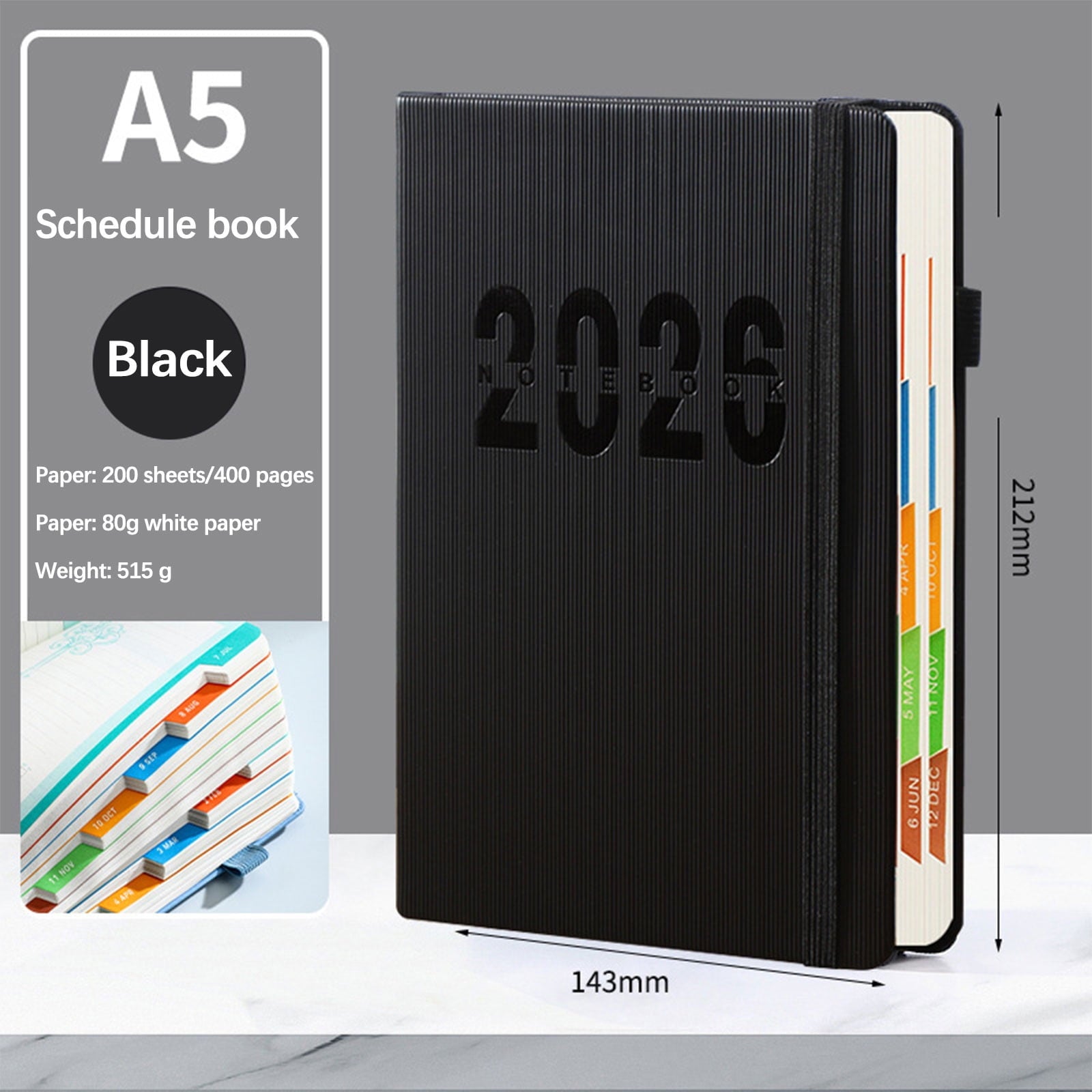 2026 Weekly Planner Notebook, Daily Planner Hardcover Calendar with Tabs and Pen Strap, 200 Pages Journaling Notebooks Daily Time Management Plan for Office Work(Purple) Black