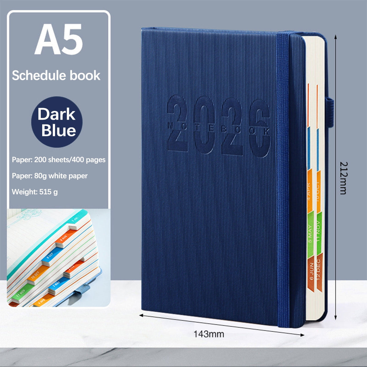2026 Weekly Planner Notebook, Daily Planner Hardcover Calendar with Tabs and Pen Strap, 200 Pages Journaling Notebooks Daily Time Management Plan for Office Work(Purple) Blue