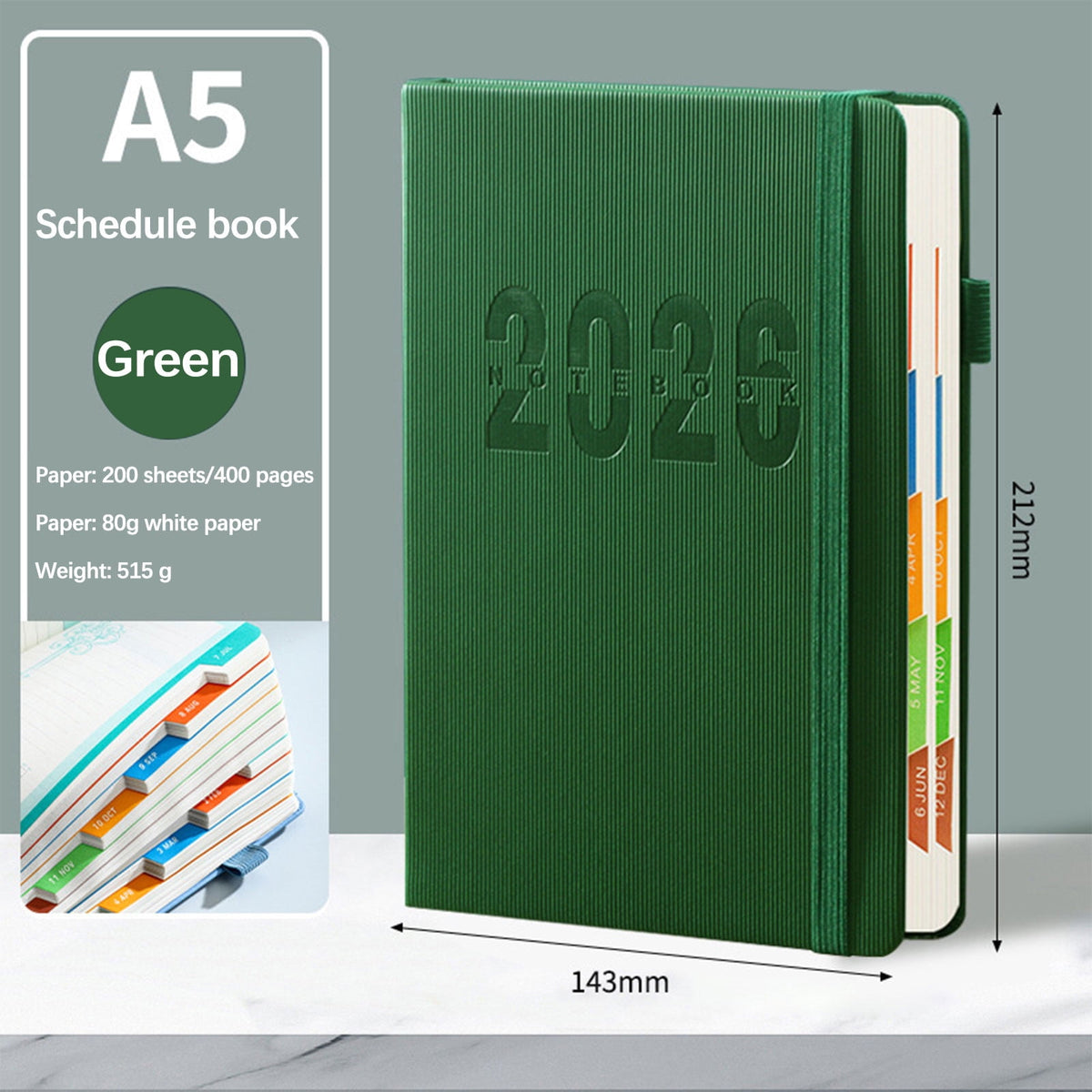 2026 Weekly Planner Notebook, Daily Planner Hardcover Calendar with Tabs and Pen Strap, 200 Pages Journaling Notebooks Daily Time Management Plan for Office Work(Purple) Green
