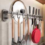 Kitchen Rail with Hooks, Pan and Pot Hangers for Kitchen Wall Mount, Kitchen Hook Rack, No Hole Hanging Rod Wall Mounted Storage Rack, Kitchen Utensil Rack with Removable S Hook, Aluminum Black