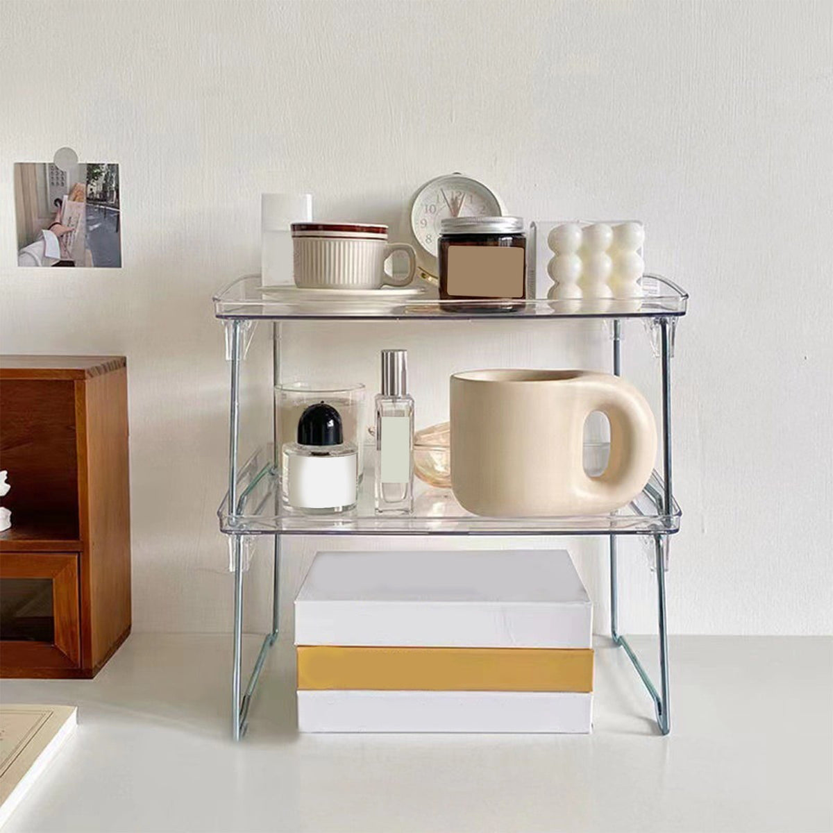 Cabinet Organizer Shelf, Stackable Kitchen Counter Shelves, Spice Rack, Countertop Organizers, Clear Plastic Storage Shelves Rack, for Makeup, Bathroom, Cupboard, Desk, Pantry Organization White