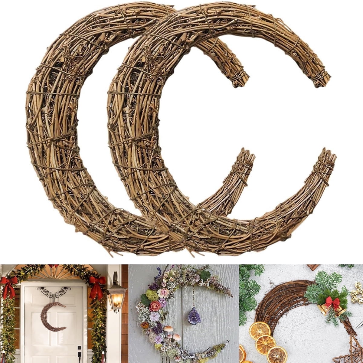 Tutuviw Rattan Crescent Moon Shaped Wreath Grapevine Wreath 11.8in Natural Rattan Wreath Vine Branch Wreath Garland Floral Hoop Ring Wooden Half Moon Decor for DIY Crafts Christmas