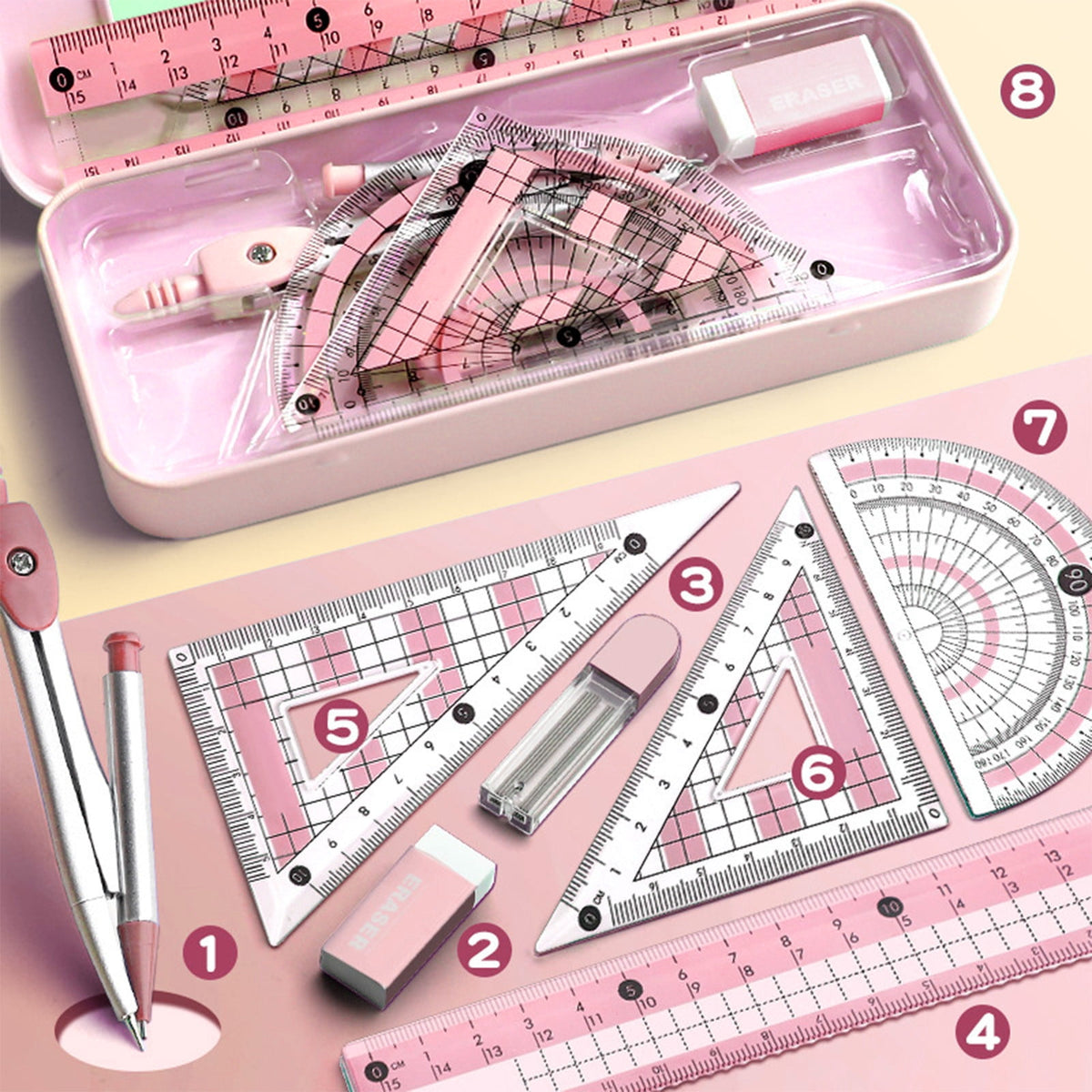 Compass Geometry Tool, Protractor and Compass Set, Metal Box Drawing Compass with Rulers, Math Compass Kit, Shatterproof Storage Box, for Stationery Supplies Purple