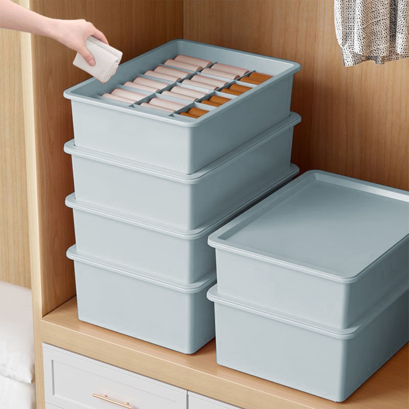 Sock Underwear Drawer Organzier Divider, 15 Compartments Removable Divided Plastic Storage Bin with Lid, Storage Organizer Sock Holders Organizers for Scarves Ties Belts(White) Blue