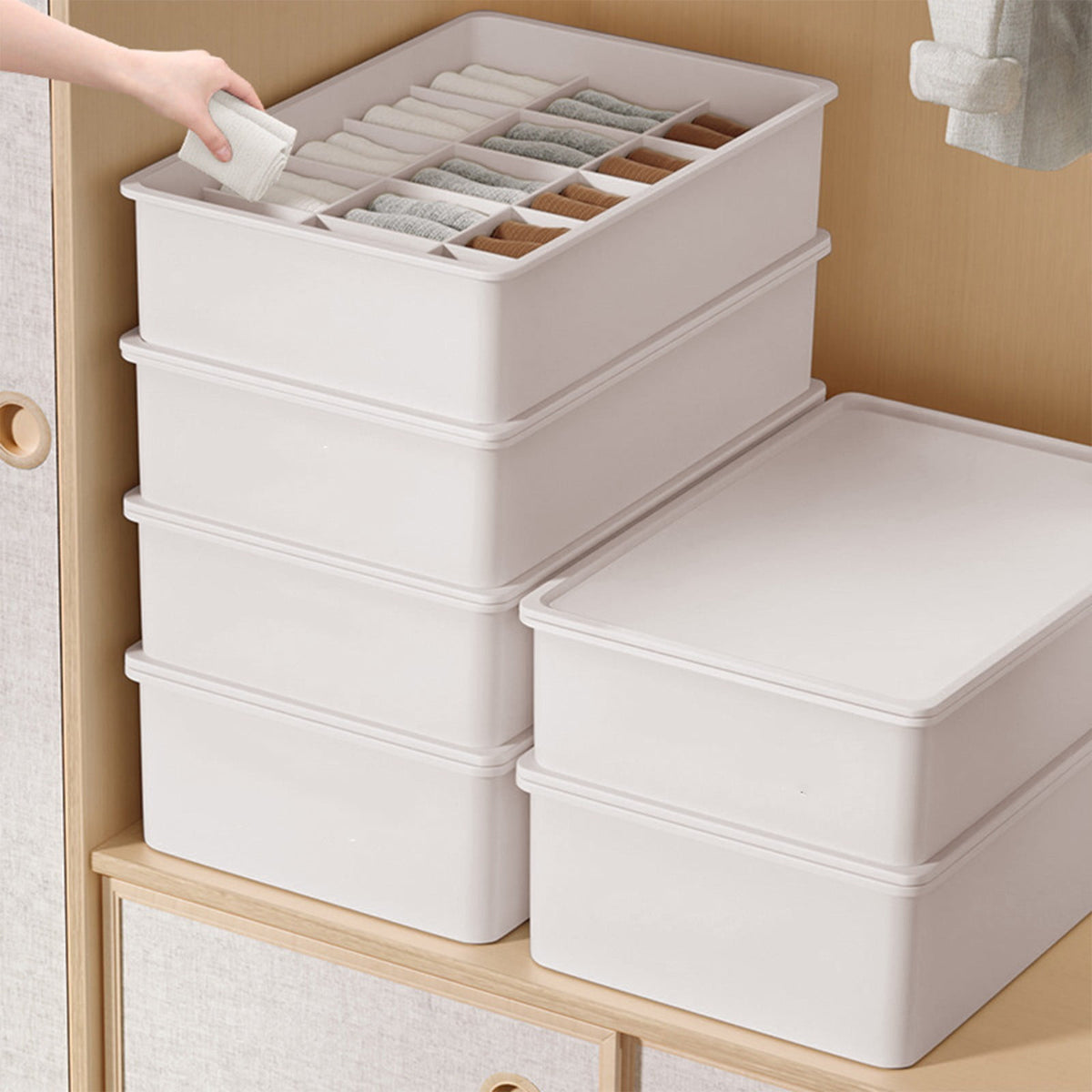 Sock Underwear Drawer Organzier Divider, 15 Compartments Removable Divided Plastic Storage Bin with Lid, Storage Organizer Sock Holders Organizers for Scarves Ties Belts(White) White