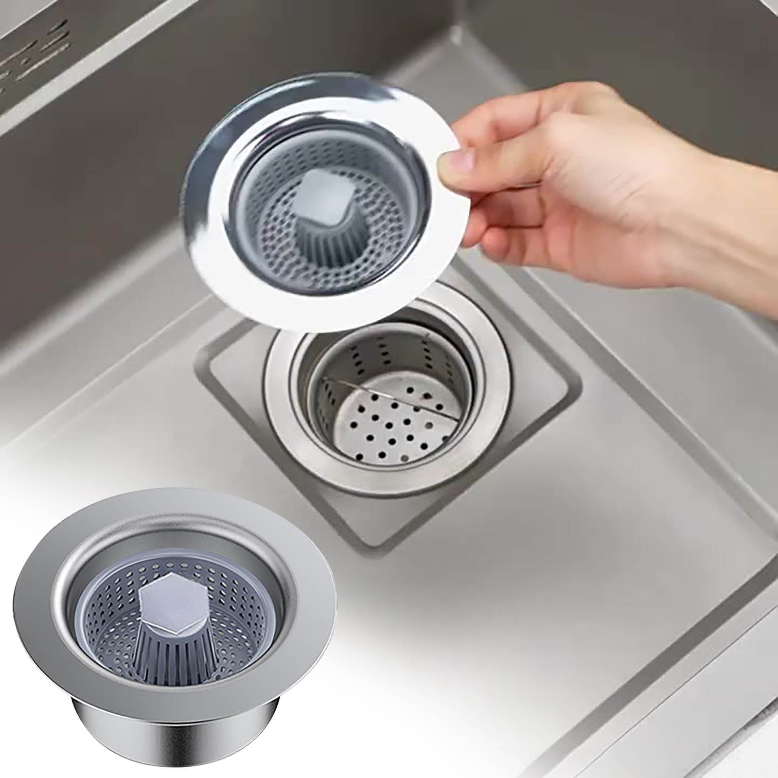 3-in-1 Kitchen Sink Strainer Stopper, Stainless Steel Sink Drain Filter, Bouncing Core Plug Accessory, Anti-Clogging Basket Strainer for Kitchen Free Size Free Size