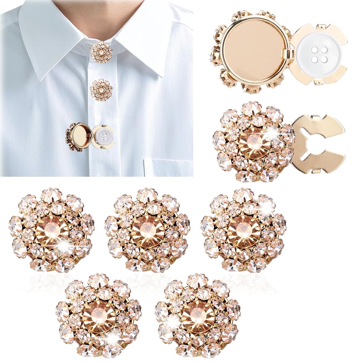 Rhinestone Button Cover Tutuviw 5 Pcs Golden Crystal Cover for Women Blouses Detachable Shirt Clips Buttons Crystal Fancy Buttons for Dress Suit Jeans Clothing DIY Holiday Decoration Embellishments Gold