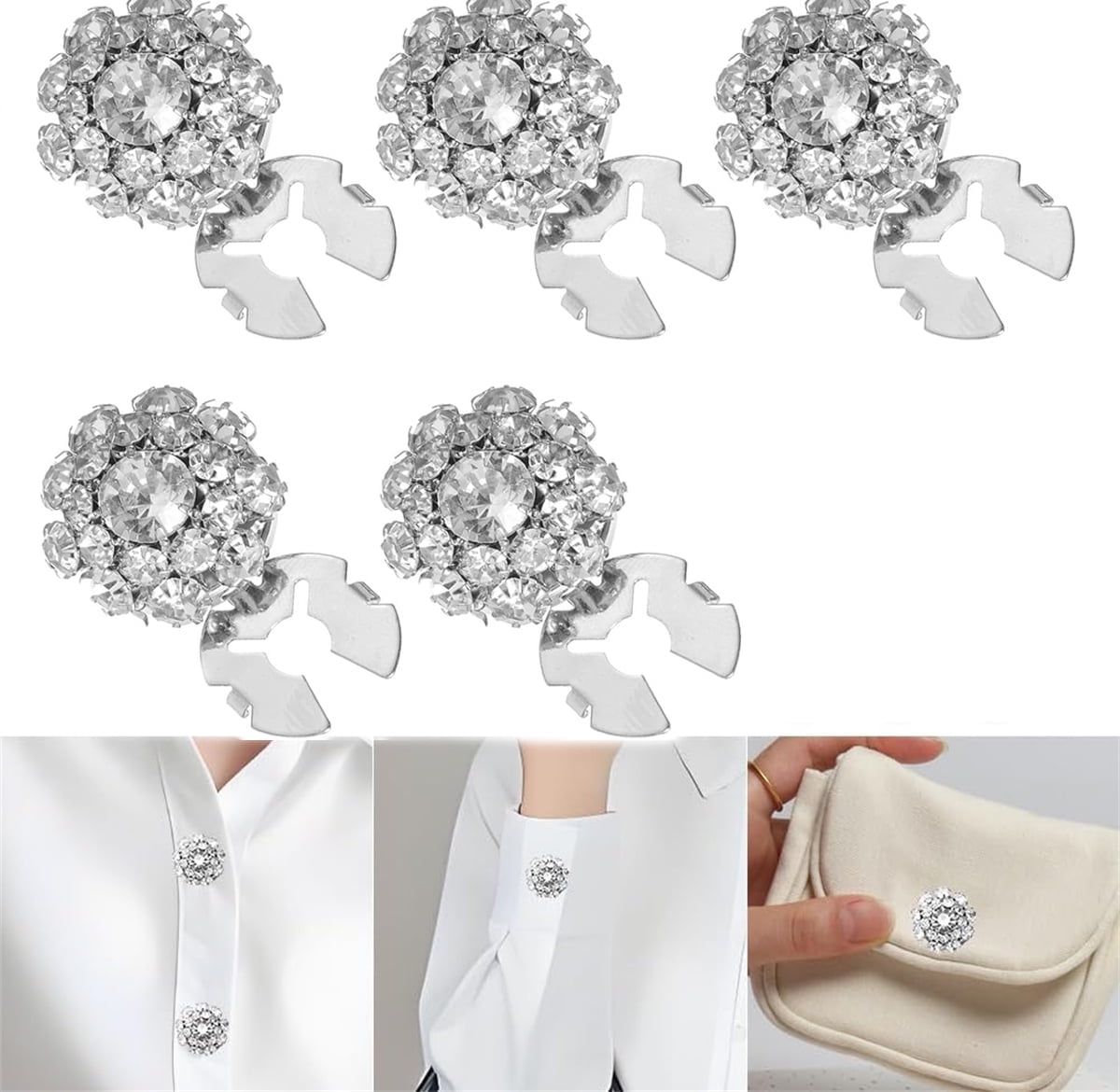 Rhinestone Button Cover Tutuviw 5 Pcs Golden Crystal Cover for Women Blouses Detachable Shirt Clips Buttons Crystal Fancy Buttons for Dress Suit Jeans Clothing DIY Holiday Decoration Embellishments Silver