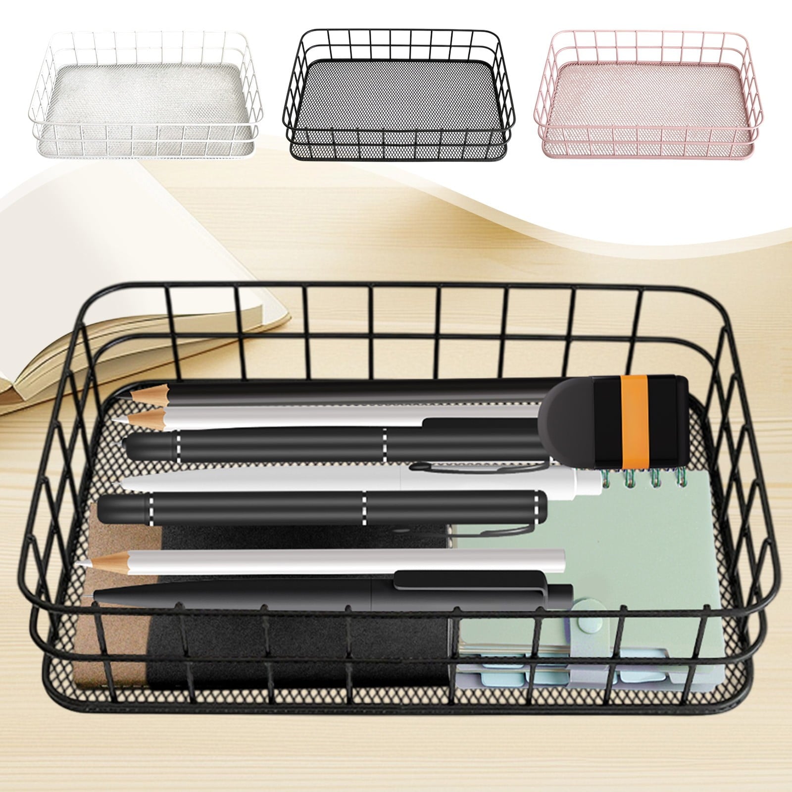 Desktop Metal Storage Basket, Grids Storage Tray Small Wires Baskets Fruit Basket Metal Organizer Tray for Home Decoration, Closets, Fridge, Kitchen Black