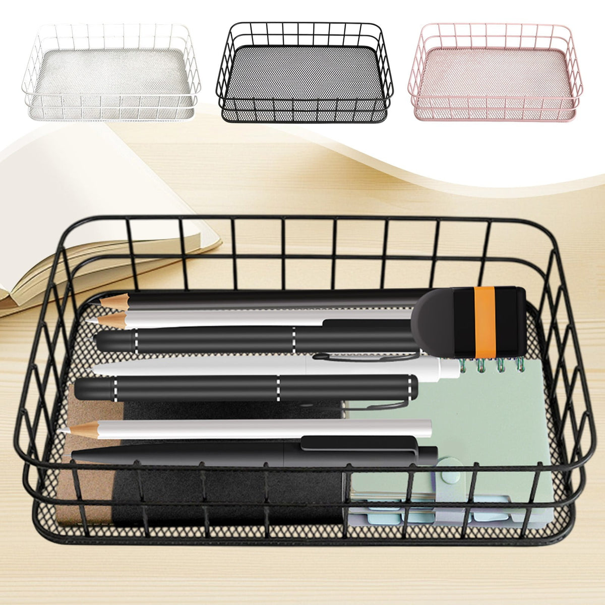 Desktop Metal Storage Basket, Grids Storage Tray Small Wires Baskets Fruit Basket Metal Organizer Tray for Home Decoration, Closets, Fridge, Kitchen Black