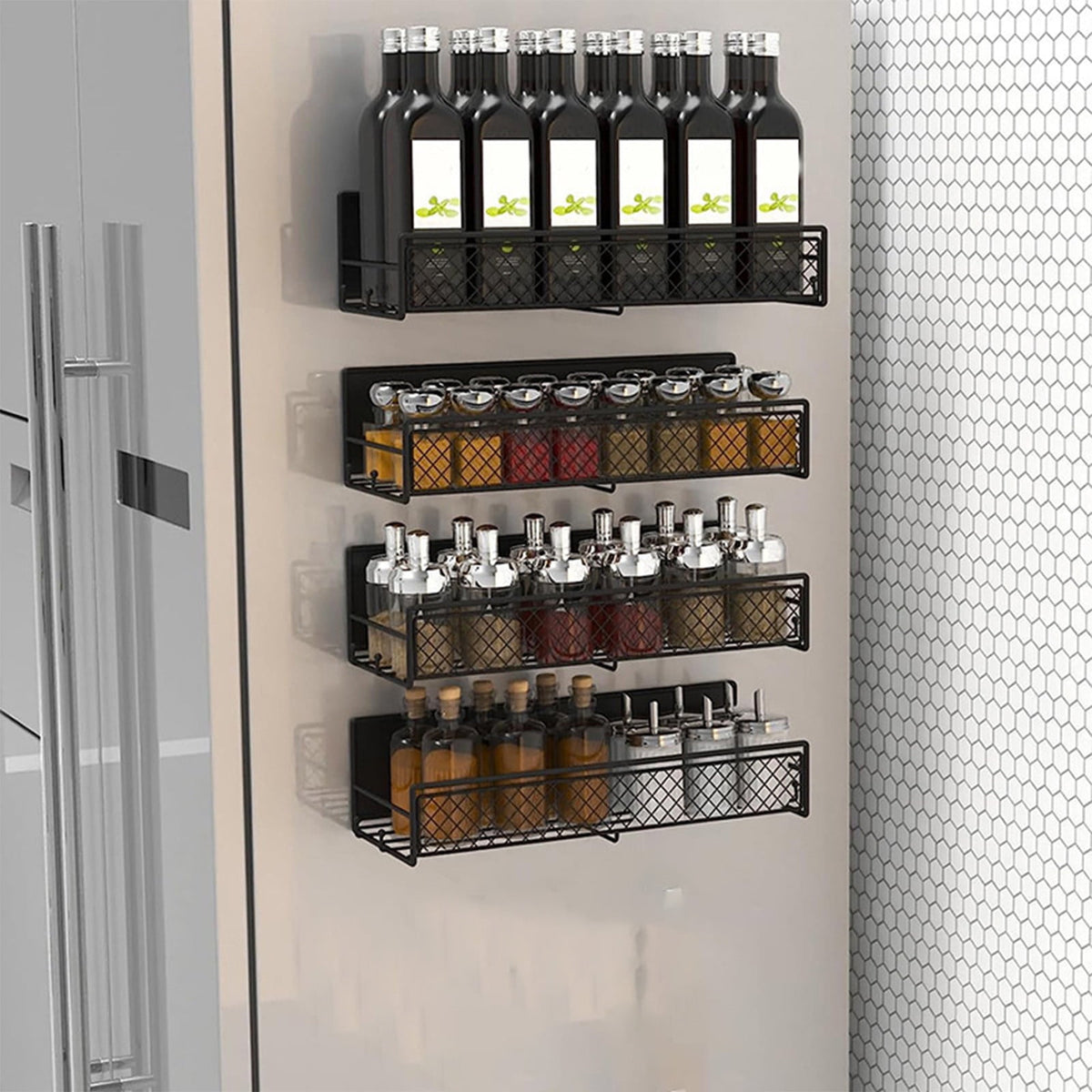 Magnetic Spice Rack for Refrigerator, Metal Strong Magnet Shelf, Space Saving Spice Organizer, Home Kitchen Storage Rack, Movable Magnetic Basket for Fridge Microwave Washing Machines Black