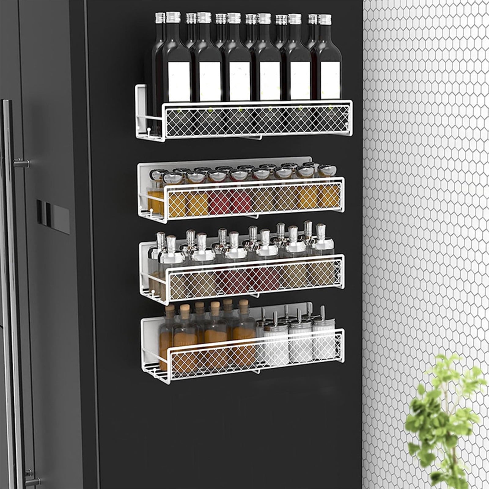 Magnetic Spice Rack for Refrigerator, Metal Strong Magnet Shelf, Space Saving Spice Organizer, Home Kitchen Storage Rack, Movable Magnetic Basket for Fridge Microwave Washing Machines White
