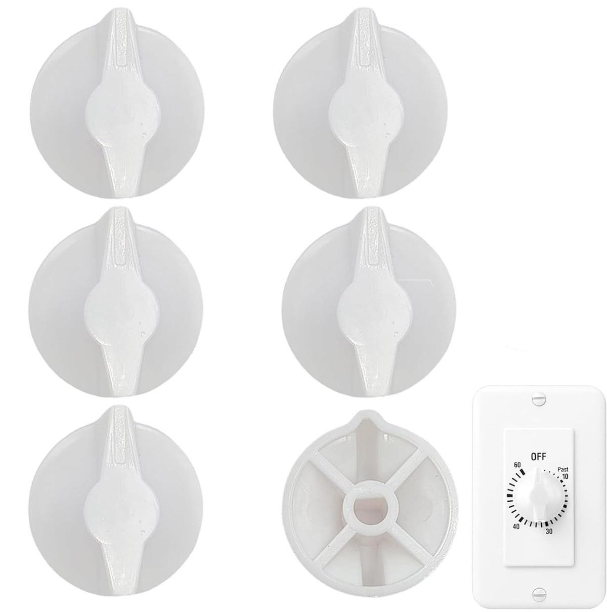 Tutuviw 2 Pack Timer Switch Knob Replacement Timer Switch Knob Compatible Spring Wound Timers D-Type Timer Knob for Wall Bathroom Fan Motor Heater Light (White)