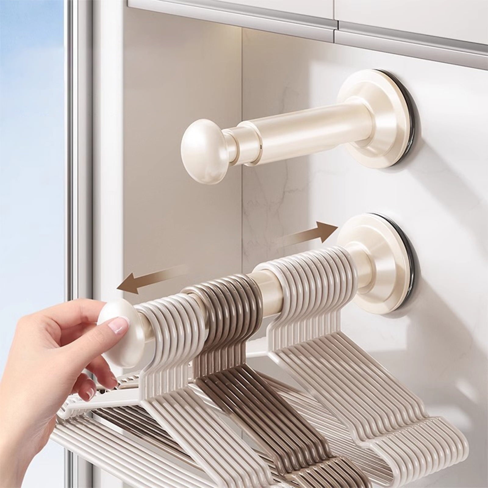 2PCS Retractable Clothes Hanger Storage Rack, Extendable Clothes Hanger with Suction Cup, Space Saving Household Tool for Closet Washer Dryer Beige