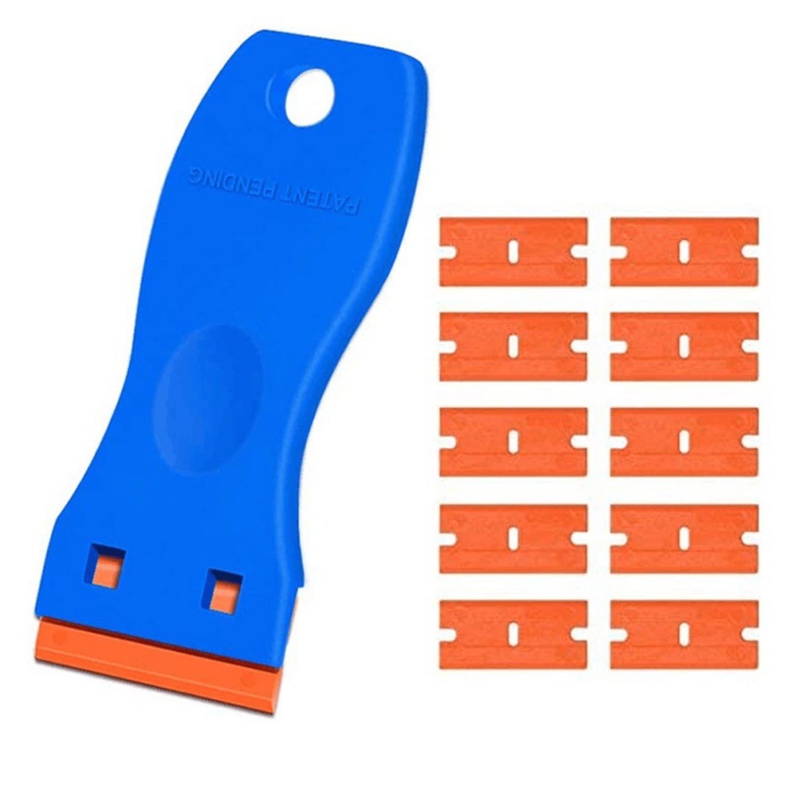 Blue plastic scraper tool with a white blade