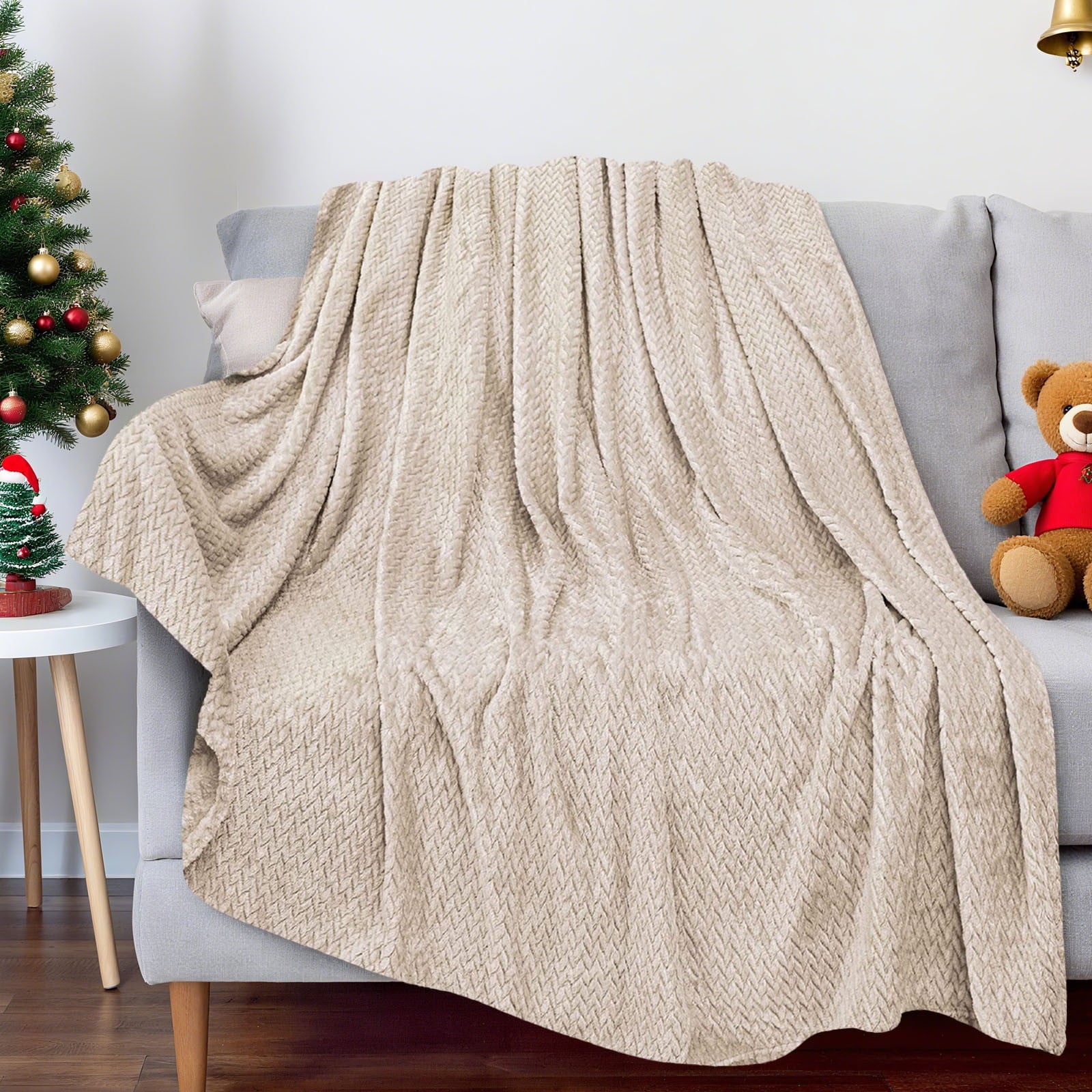 Christmas Solid Color Blanket, 59x39" Soft Warm Throw Blanket, Light-weight Plush Throw Blanket for Bed Sofa Camping Airplane Holiday Beige