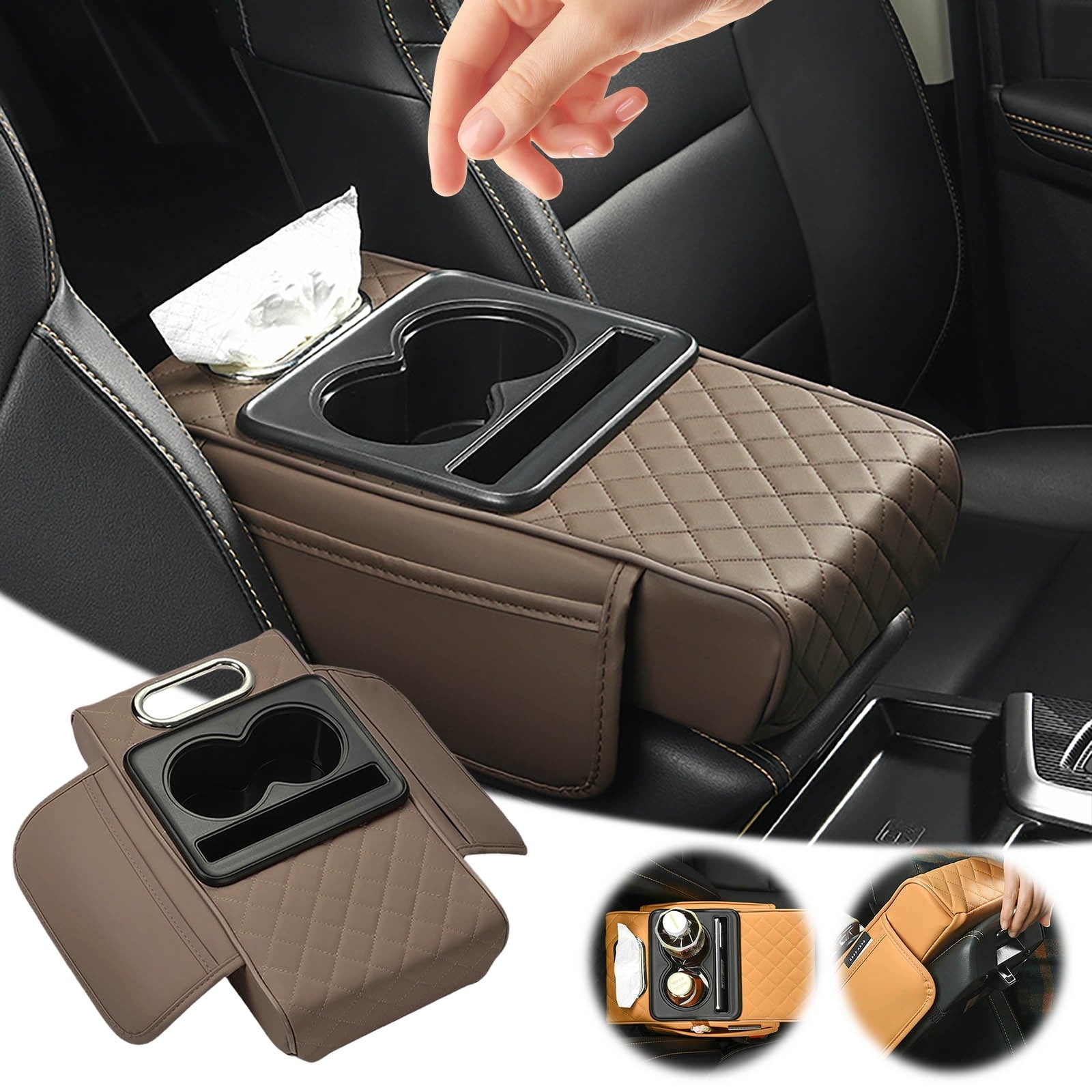 Car Center Console Armrest Pillow, Memory Foam Auto Armrest Box Cover with Cup Holder and Phone Holder, Waterproof Leather Arm Rest Protector Cushion, Car Tissue Box, Interior Car Accessories Coffee