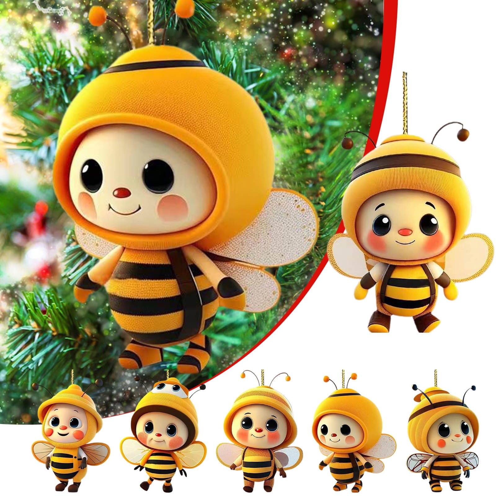6PCS Christmas Cute Bee Hanging Ornaments, 3.15" Flat Christmas Tree Hanging Pendants, Acrylic Yellow Honeybee with Hat Indoor Decoration for Home Party Holiday Xmas Tree Door Decor As shown