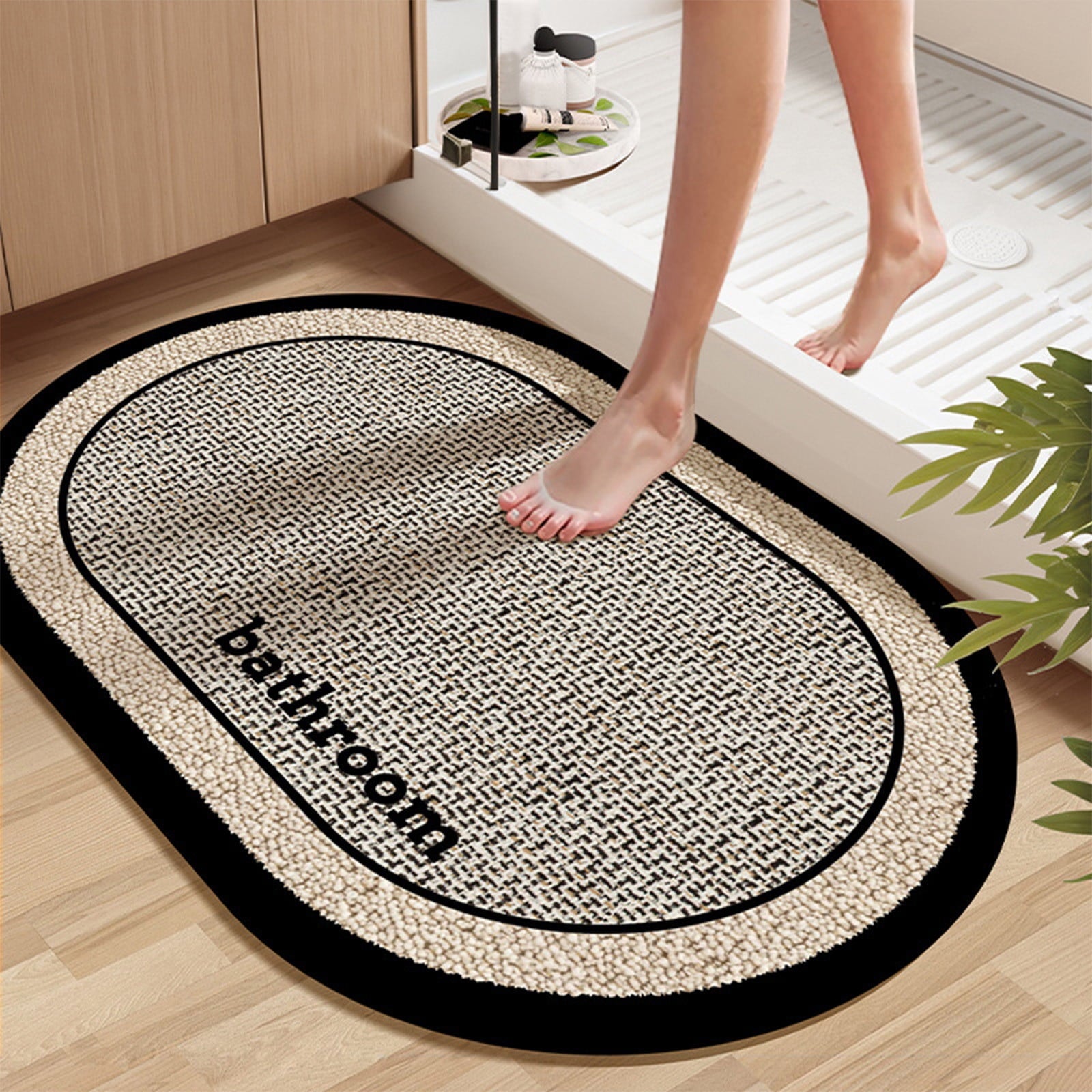 Thin Bath Mat, Super Absorbent Quick Dry Thin Bathroom Rugs, Elliptical Bath Antis-skids Mat, Fit Under Door, Non Slip Rubber Backed Mat, Washable Bathroom Floor Mats Black