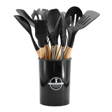 Silicone Cooking Utensils Set, Silicone Kitchen Utensils, with Wooden Handles, Heat Resistant Kitchen Utensil Spatula Sets Holder, Gadgets for Non-Stick Cookware, 12-piece Kitchenware Set Black