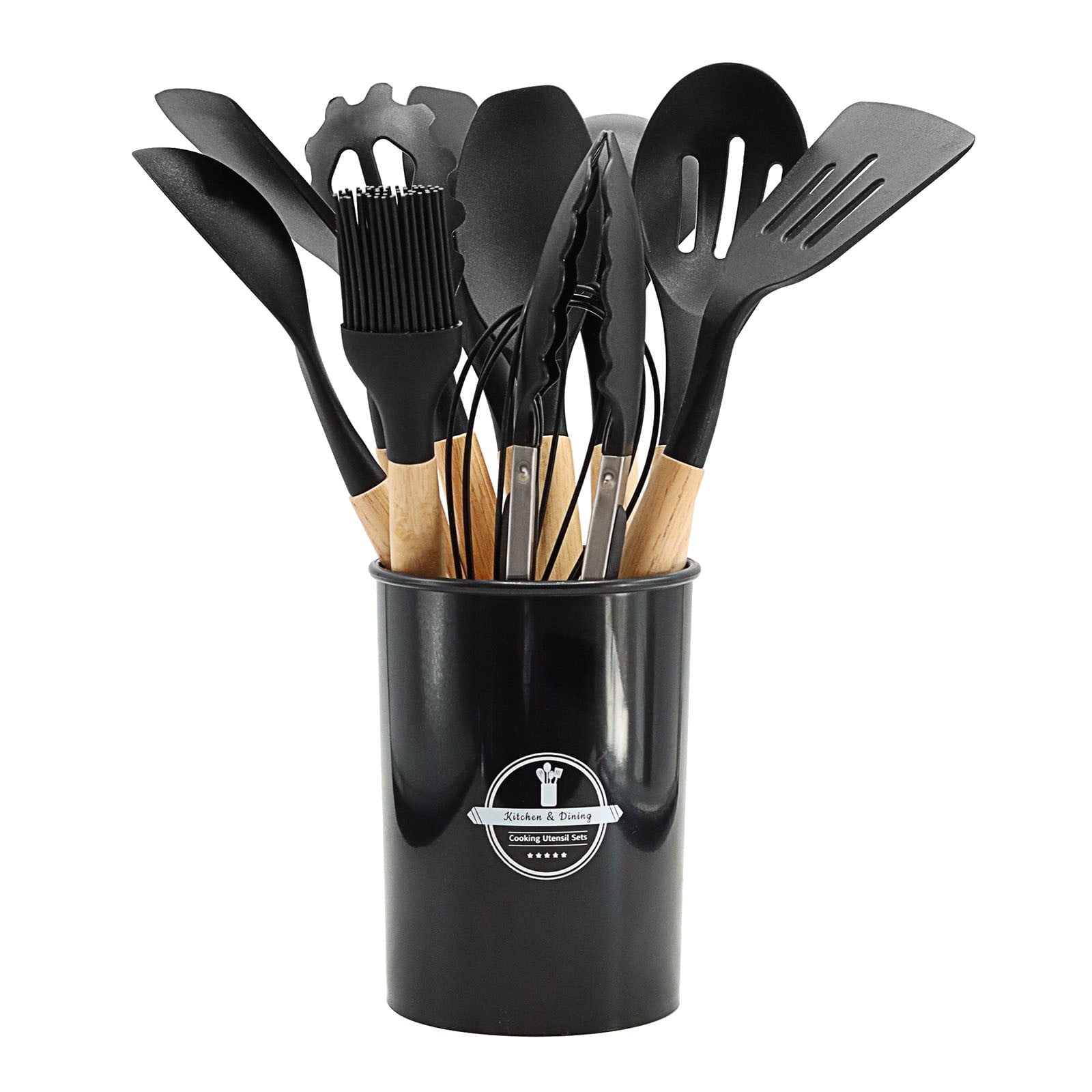 Silicone Cooking Utensils Set, Silicone Kitchen Utensils, with Wooden Handles, Heat Resistant Kitchen Utensil Spatula Sets Holder, Gadgets for Non-Stick Cookware, 12-piece Kitchenware Set Black