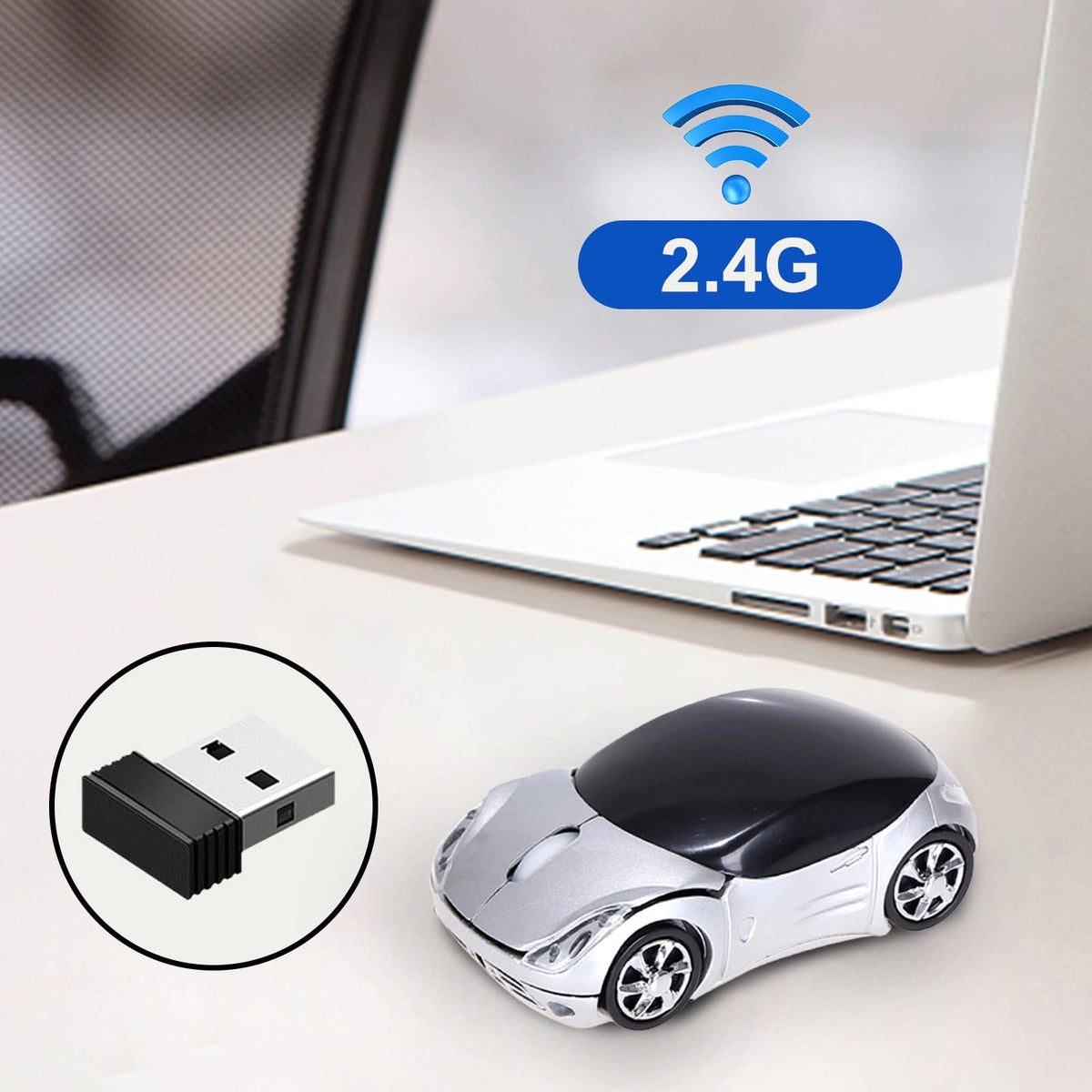 2.4G Wireless Mouse, Cute Car Mouse, 2.4G Wireless (10m Range) and USB Plug and Play, 1200DPI Optical Tracking, for PC Computer Laptop Tablet, with LED Light Silver
