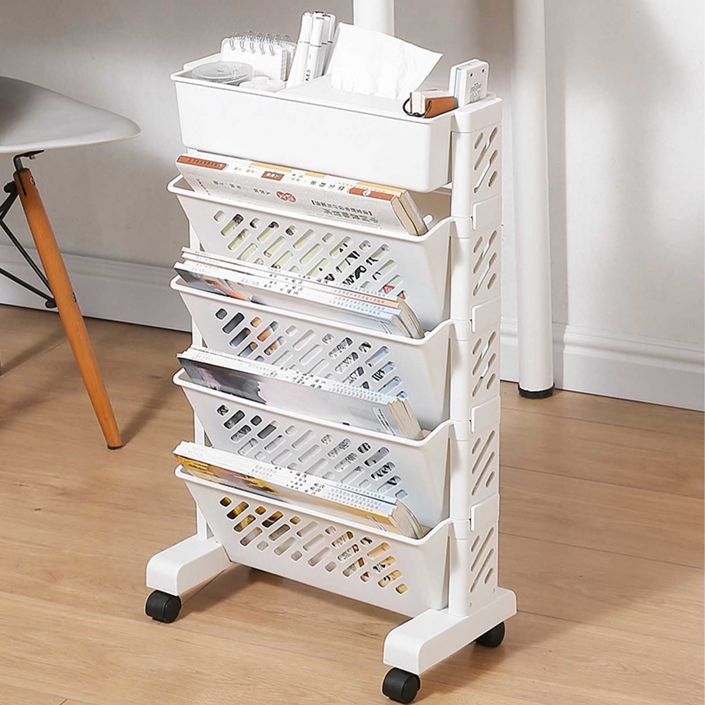Mobile Bookshelf, Plastic Rolling Organization Shelf, Practical Rotatable for Home, Movable Bookcase with Wheels, Floor Shelf, Book Stand Trolley, Plastic Mobile Bookshelf Organizer White
