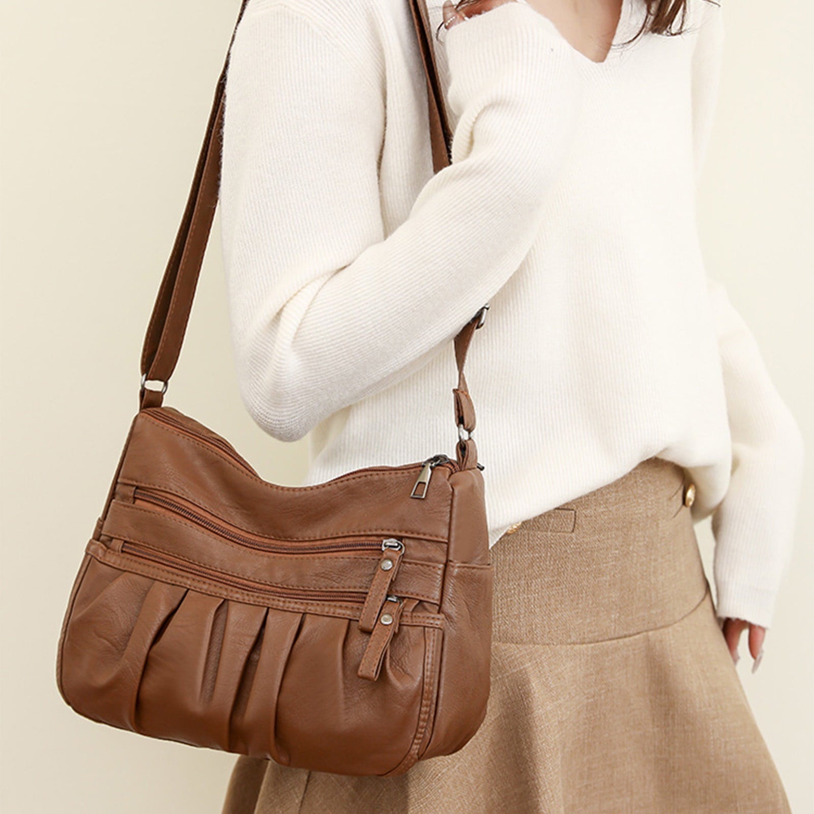 Crossbody Bags for Women, Pocketbooks Soft PU Leather Purses and Handbags, Multi Pocket Shoulder Bag, Multi Layer Fashionable Shoulder Women Bag, Shoulder Fashionable Pleated Bag Brown