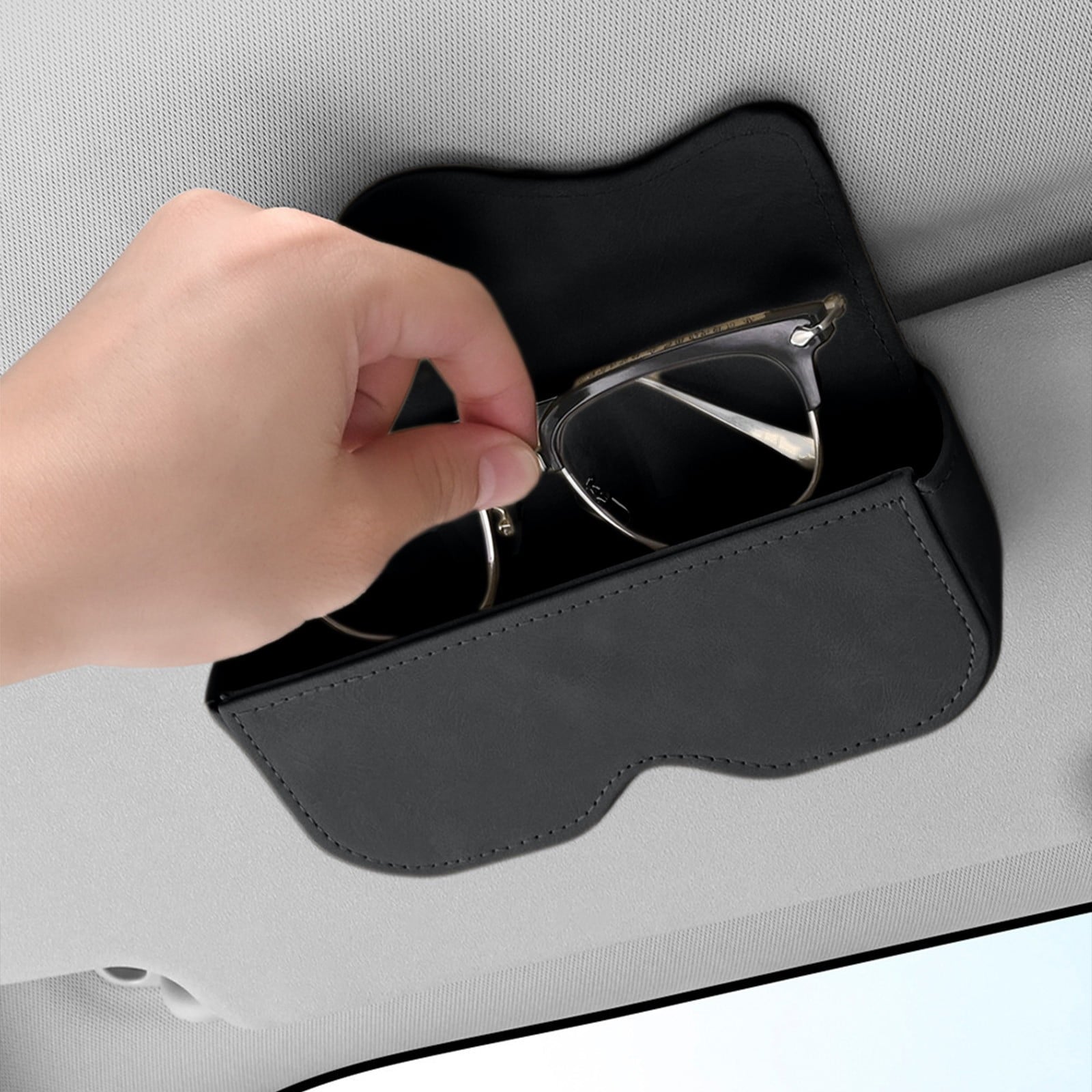 Sunglasses Holder for Car Sun Visor, Leather Auto Eyeglasses Storage Case with Hidden Closure, Protective Glasses Organizer Box, Vehicle Visor Accessories for Woman Man Gray