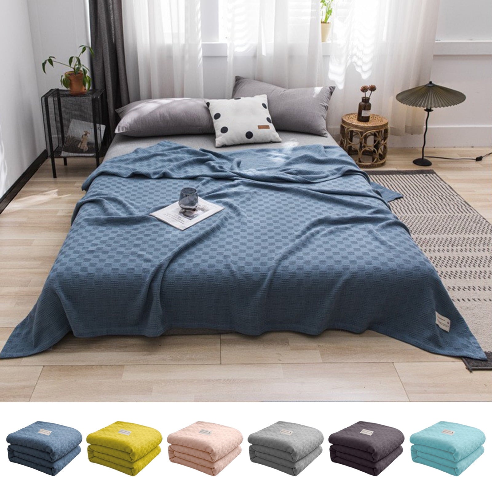 59x39" 100% Cottons Blanket, Soft and Breathable Bed Blanket, Multi-functional Bed Blanket for All Season, Machines Washable Bed Couch for Home Living Room Bedroom Office Travel Blue