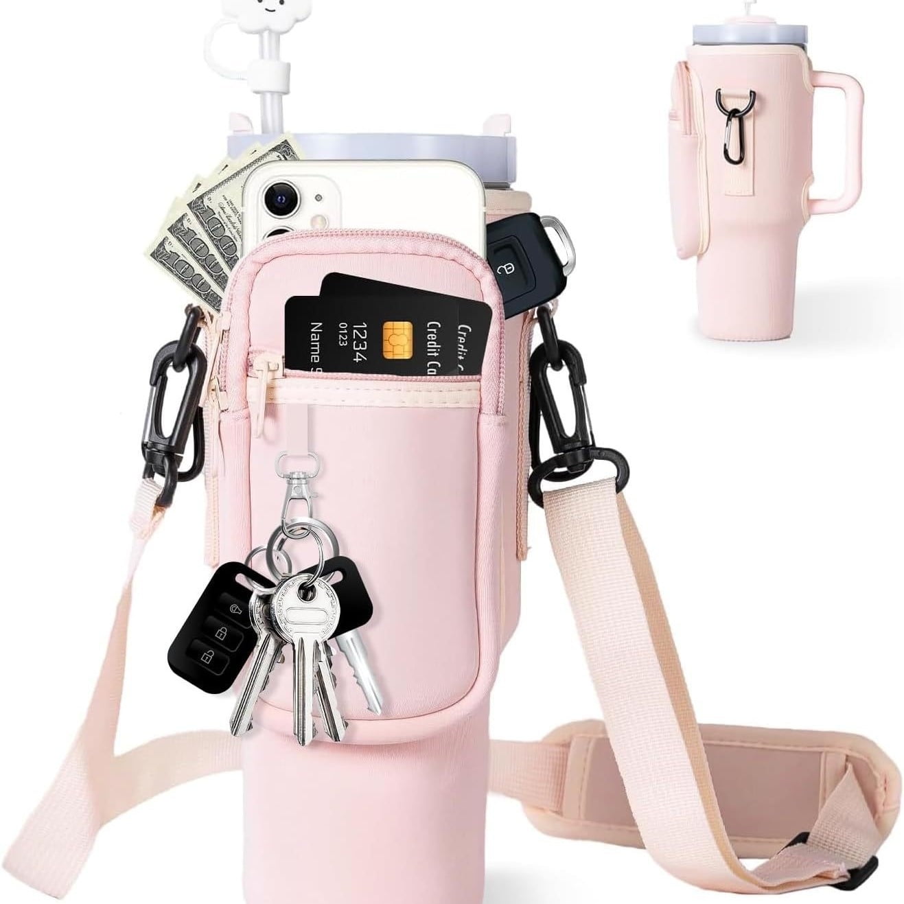 Water Bottle Carrier Bag with Phone Pocket, for Tumbler Water Bottle Holder Pouch with Adjustable Strap Bollus, with Straw Cover and Carabiner, for Cup Accessories,40oz Beige
