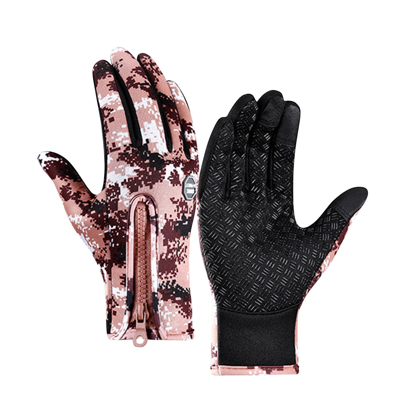 Plush Thermal Gloves with Zipper, Windproof & Waterproof Thermal Non-Slip Gloves, Winter Outdoor Touch Screen Gloves for Running, Cycling, Hiking, Travel M Coffee