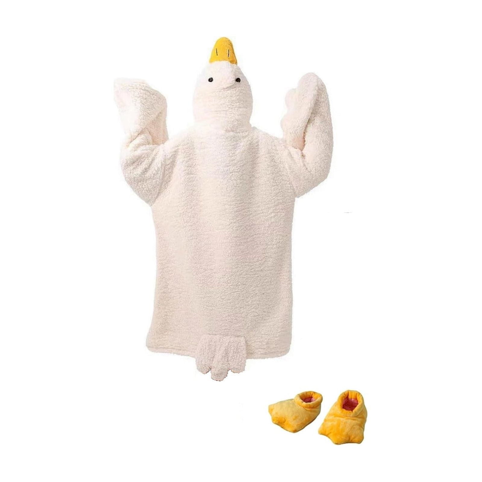 Goose Blanket Hoodie Onesie, Large Warm Wearable Flannel Blankets with Sleeves and Gooses Feet Slippers, for Festival Home Party Holiday Indoor XL White
