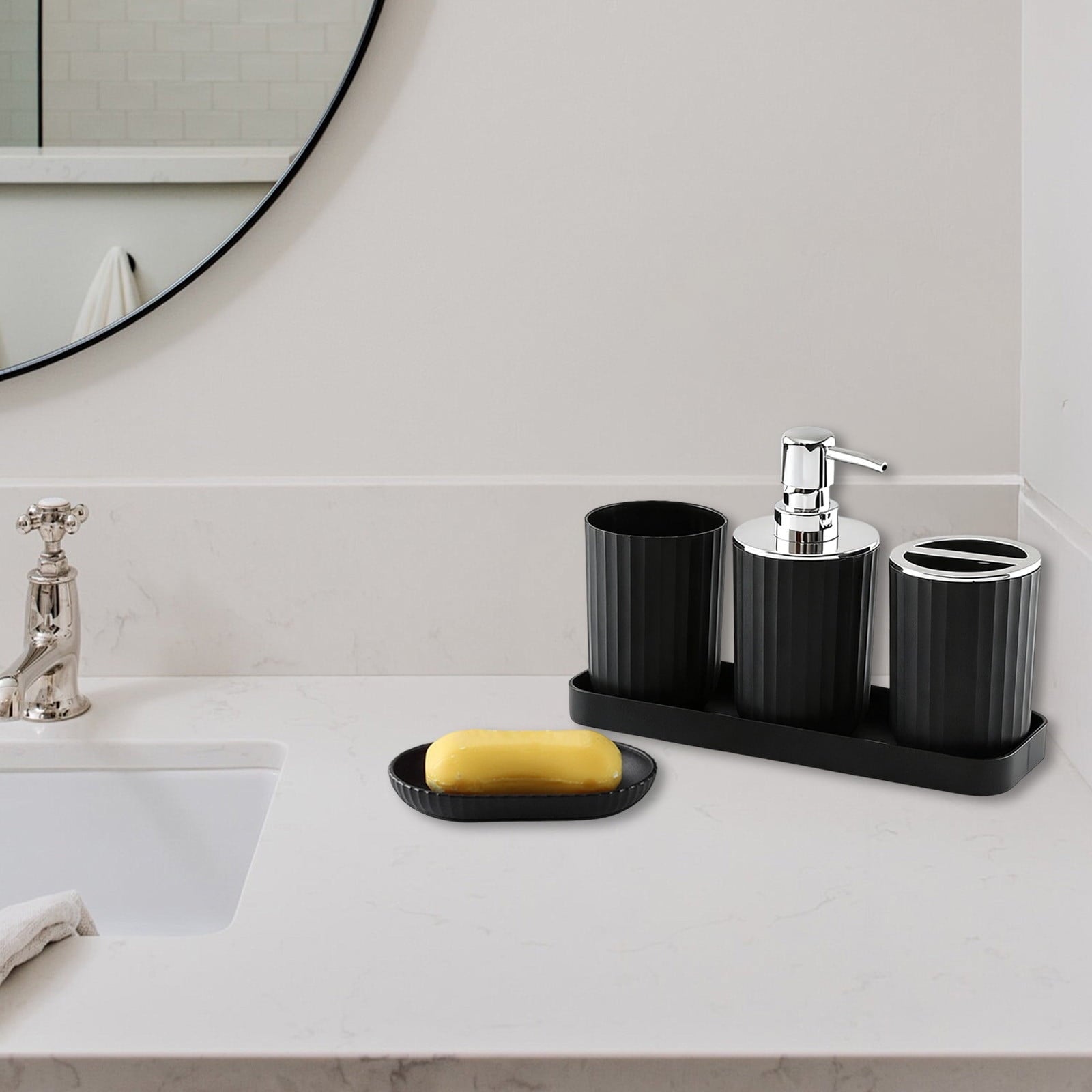 Bathroom Accessory Set of 5, Plastic Bathroom Sink Set with Soap Dispenser and Toothbrush Holder, for Bath Countertop Decoration, Contain Toothbrush Holder Set, Soap Dispenser Dish Black