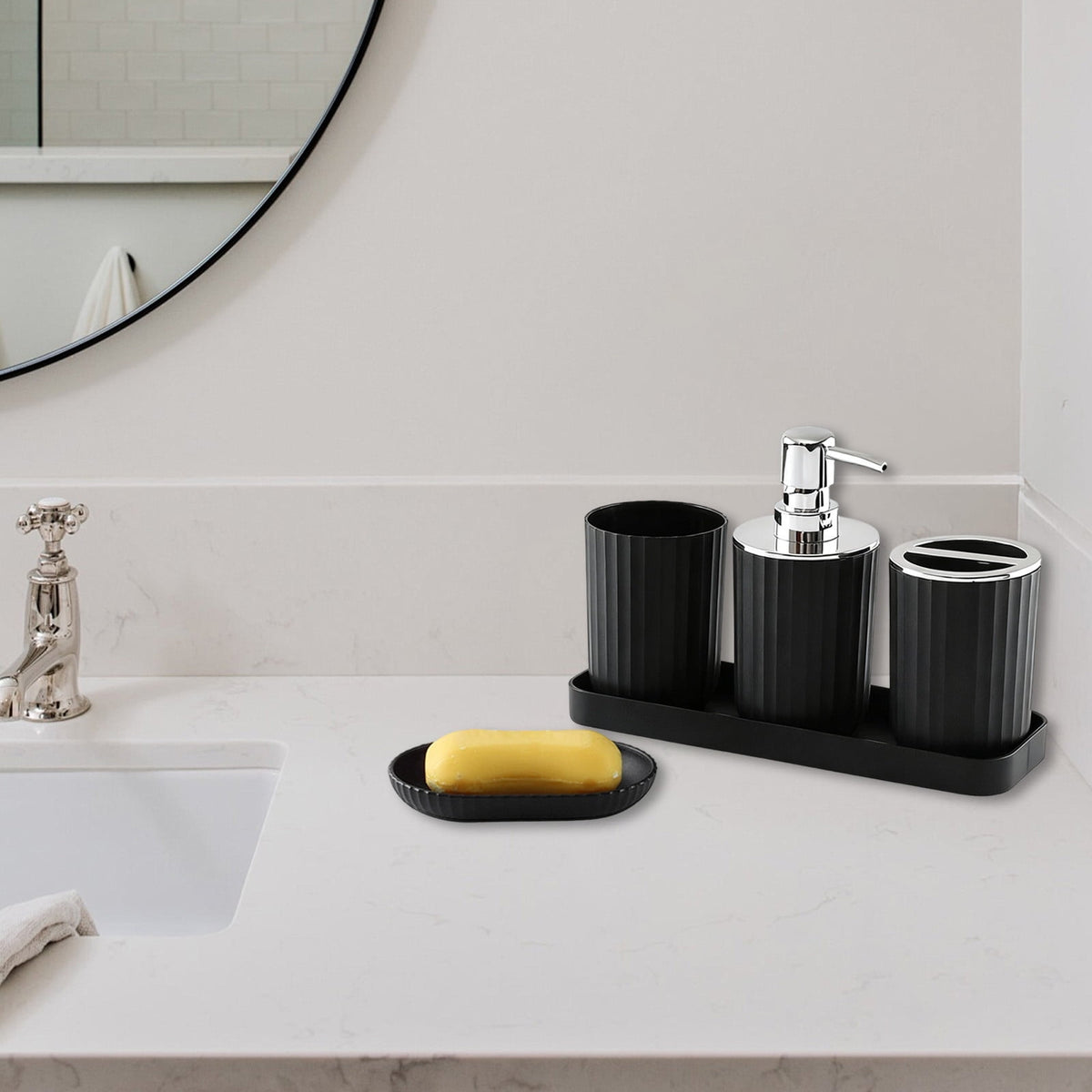 Bathroom Accessory Set of 5, Plastic Bathroom Sink Set with Soap Dispenser and Toothbrush Holder, for Bath Countertop Decoration, Contain Toothbrush Holder Set, Soap Dispenser Dish Gray