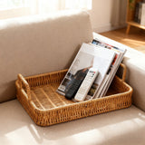 Woven Serving Tray with Handles, Handmade Poly Wicker Tray for Storage Breakfast, Drinks, Fruits, Rectangular Basket Organizer Platters, for Coffee Table Centerpiece Decor Brown,L