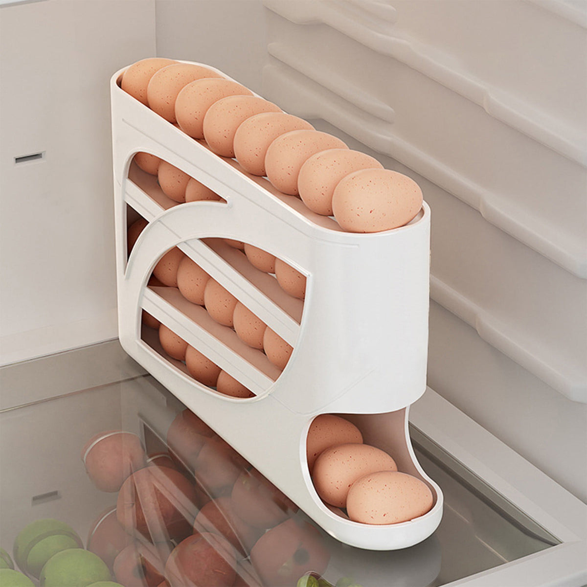4 Tiers Egg Holder for Fridge, Automatic Scrolling Egg Rack Holder, Space-Saving Egg Dispenser Holder, Large Capacity Eggs Organizer Storage 30 Eggs for Fridge White