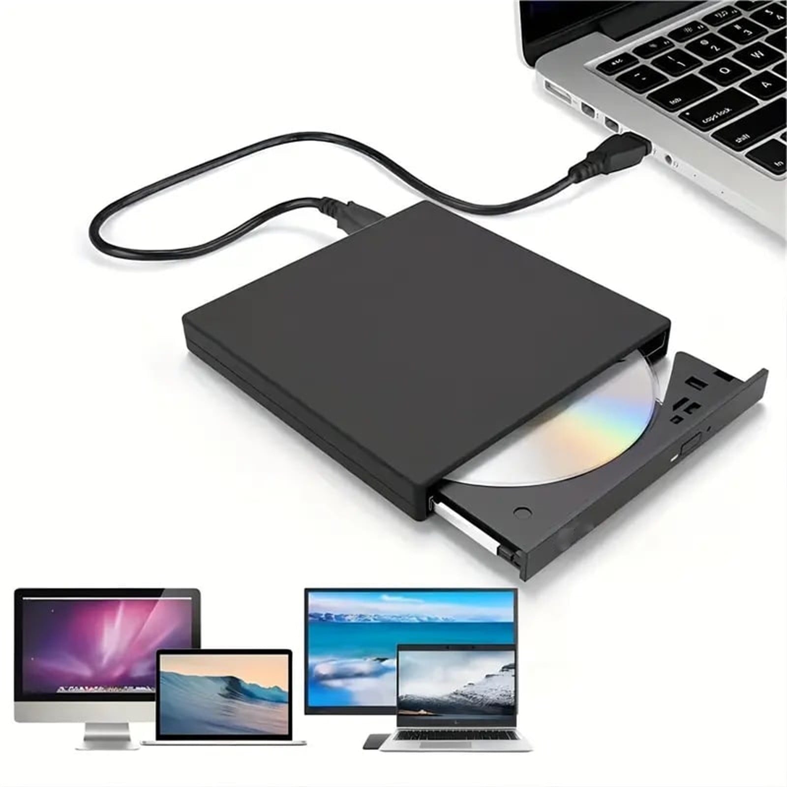 Portable External DVD Drive, USB 2.0 CD DVD Burner Writer Player, for Laptop Desktop PC Plug and Play, Travel DVD Optical Drive with Data and Power Cable Black