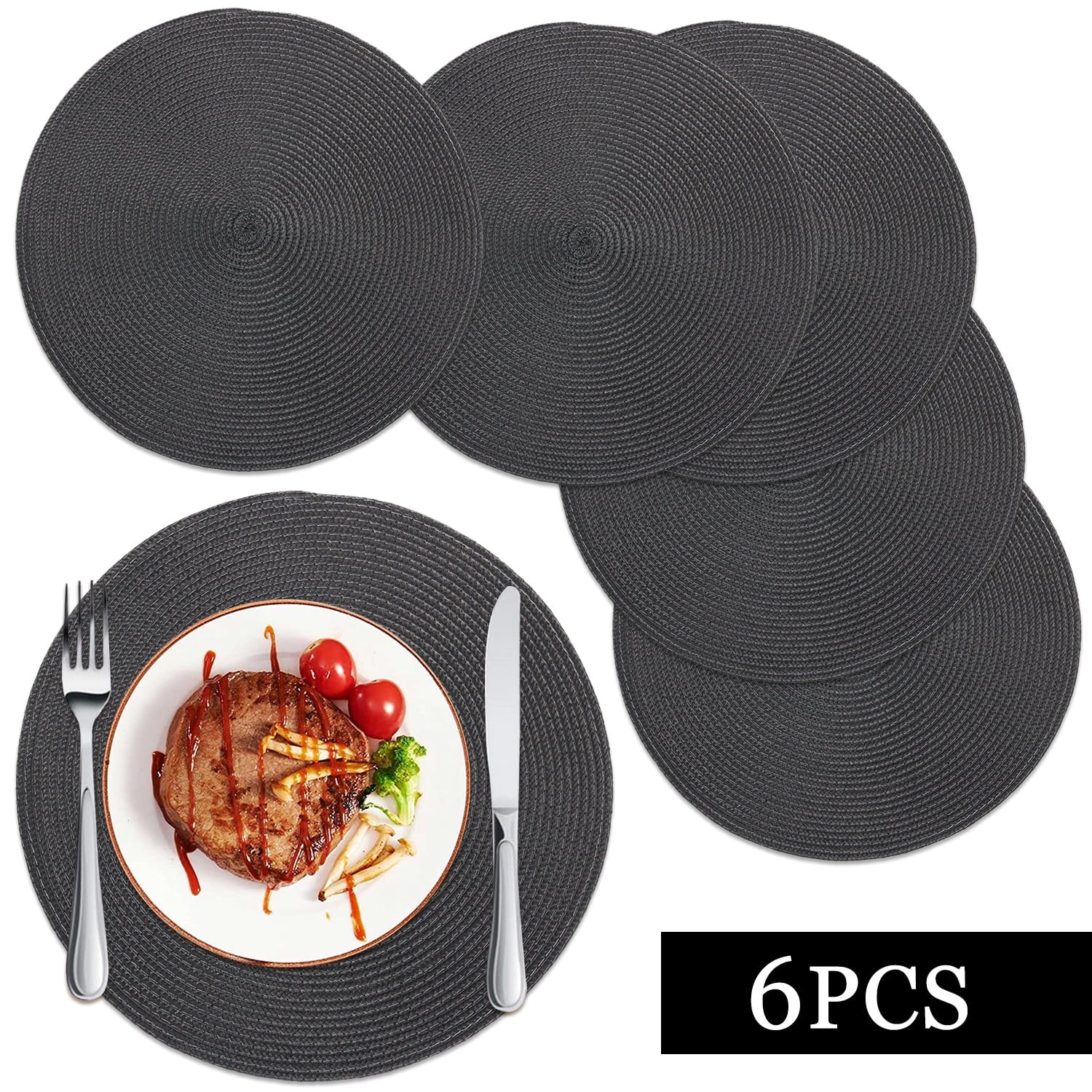Braided Placemats for Dining Table Set of 6 - Round 15 inch Woven Heat Resistant Non-Slip Kitchen Table Mats, Red Black