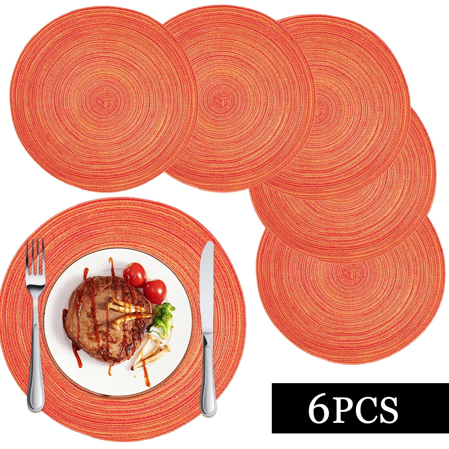 Braided Placemats for Dining Table Set of 6 - Round 15 inch Woven Heat Resistant Non-Slip Kitchen Table Mats Red