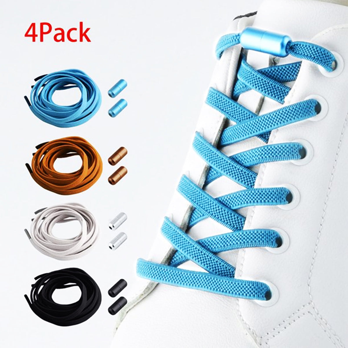4Pairs No Tie Elastic Shoe Laces Adjustable Tieless Shoelaces, One Size Fits All Adult & Kids,Black, White, Blue, Brown Black, white, blue, brown