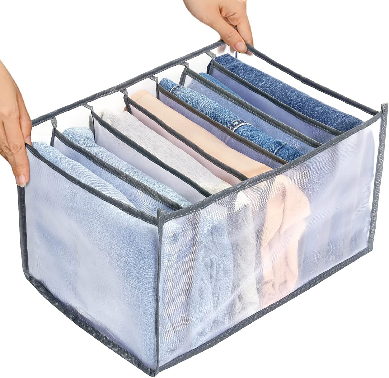 Tutuviw Wardrobe Clothes Organizer for Jeans, Upgraded Drawer Organizers for Clothing with Handle Foldable, Drawer Organizers Clothes(Gray,1PCS-M) 1PCS-7 Cell(L)
