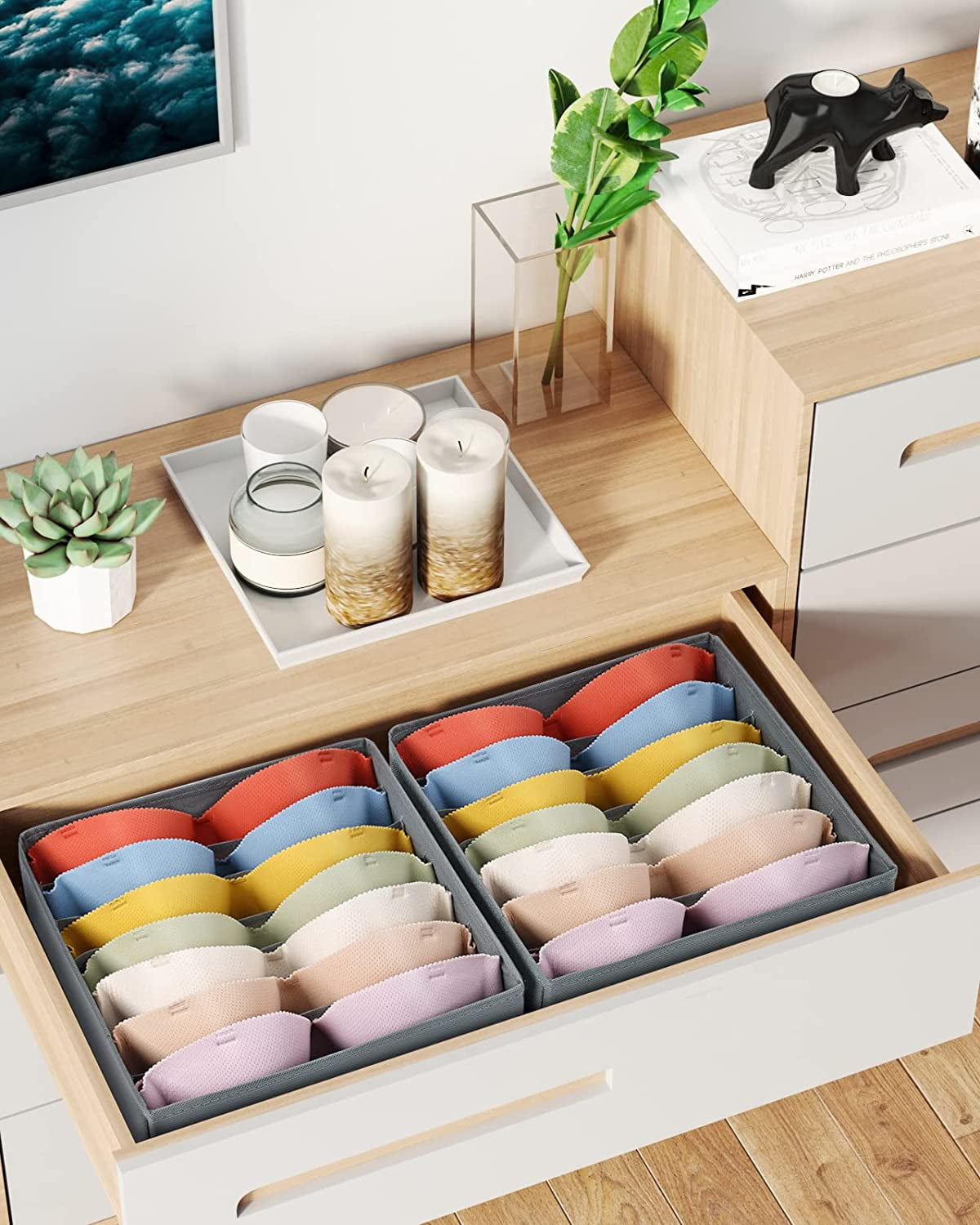 Tutuviw Wardrobe Clothes Organizer for Jeans, Upgraded Drawer Organizers for Clothing with Handle Foldable, Drawer Organizers Clothes(Gray,1PCS-M) 2PCS-7 Cell Gray
