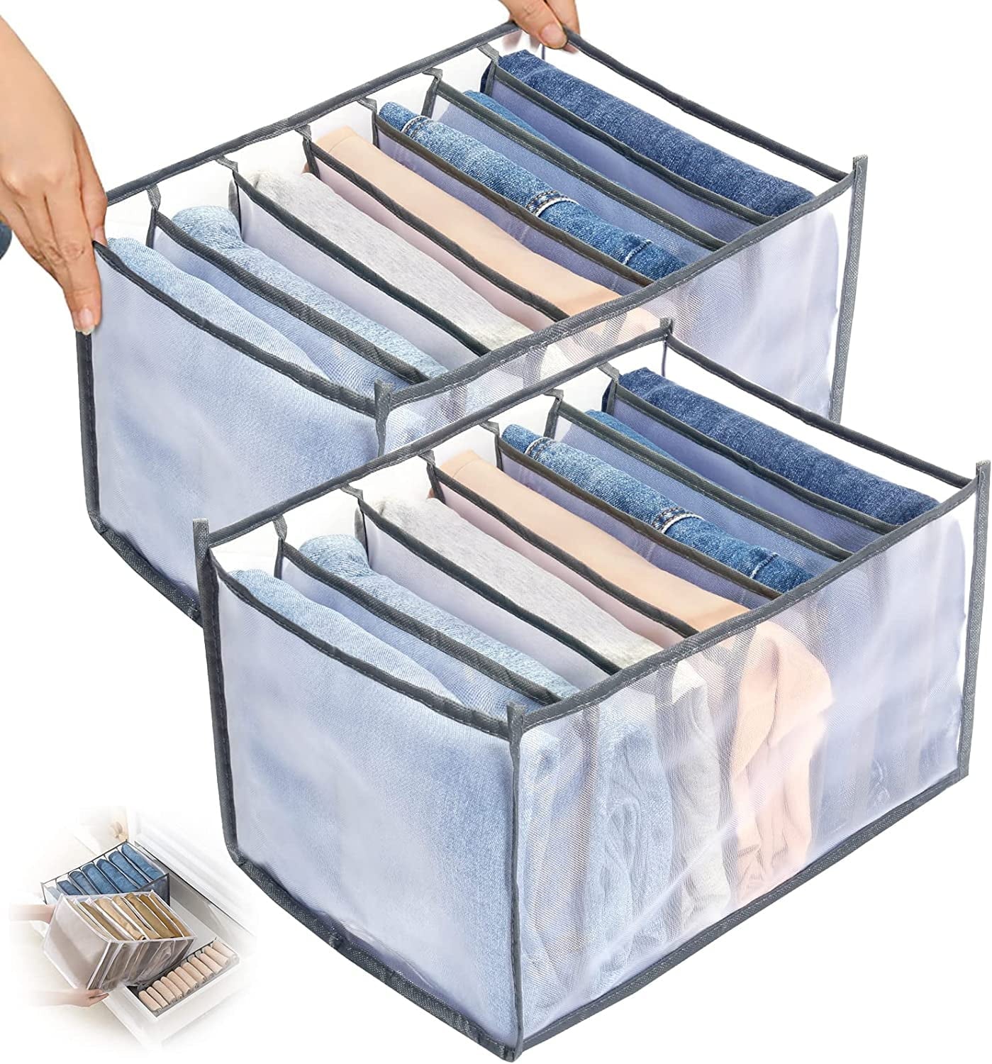 Tutuviw Wardrobe Clothes Organizer for Jeans, Upgraded Drawer Organizers for Clothing with Handle Foldable, Drawer Organizers Clothes(Gray,1PCS-M) 2PCS-7 Cell(L+ M)