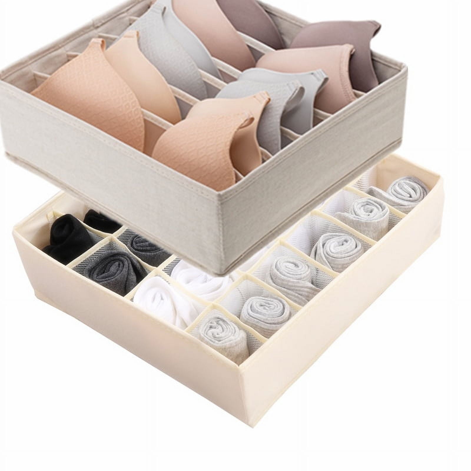 Tutuviw Wardrobe Clothes Organizer for Jeans, Upgraded Drawer Organizers for Clothing with Handle Foldable, Drawer Organizers Clothes(Gray,1PCS-M) 2PCS-7 Cell+24 Cell Beige