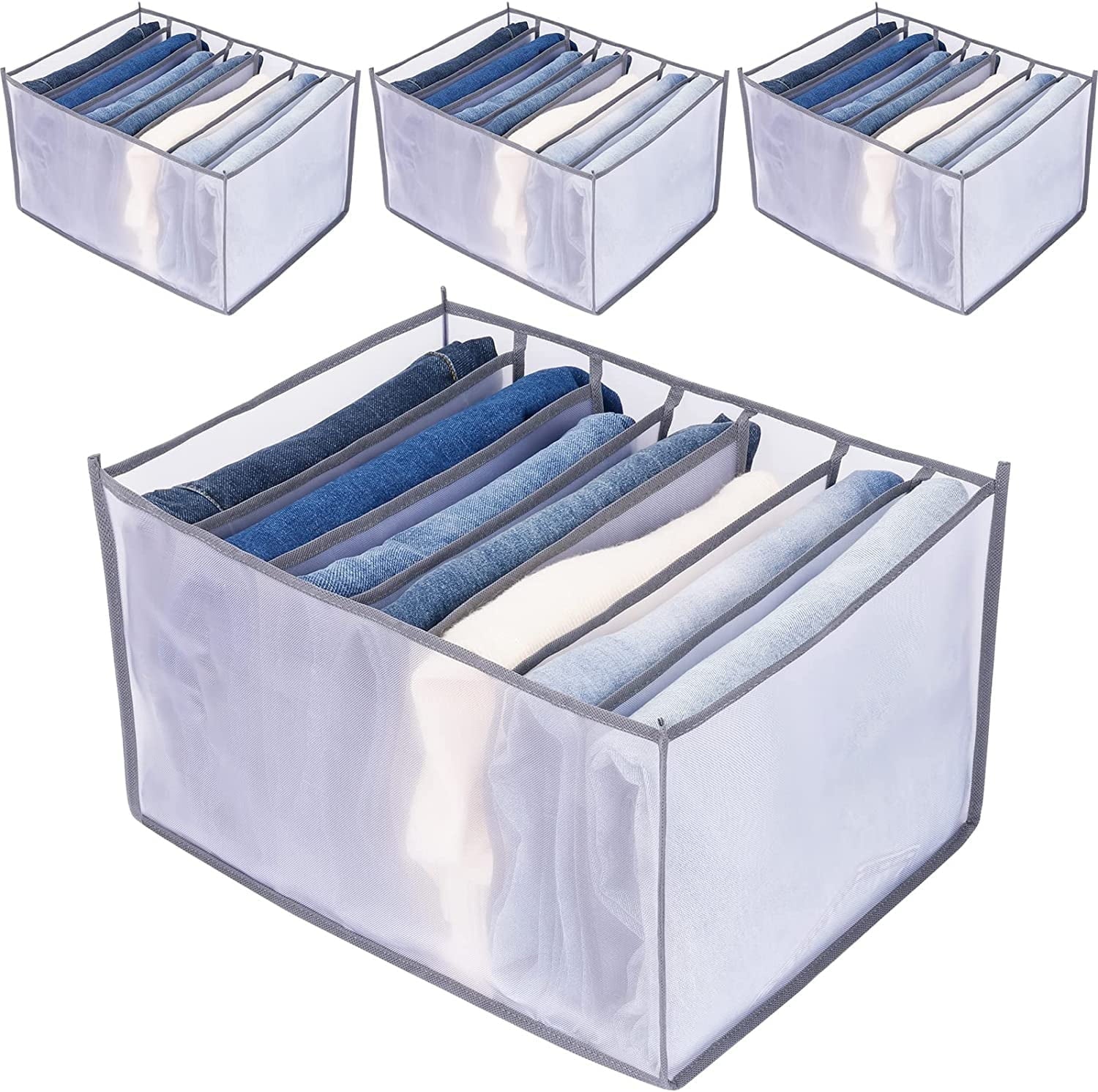 Tutuviw Wardrobe Clothes Organizer for Jeans, Upgraded Drawer Organizers for Clothing with Handle Foldable, Drawer Organizers Clothes(Gray,1PCS-M) 4PCS-7 Cell(2*L+ 3*M)