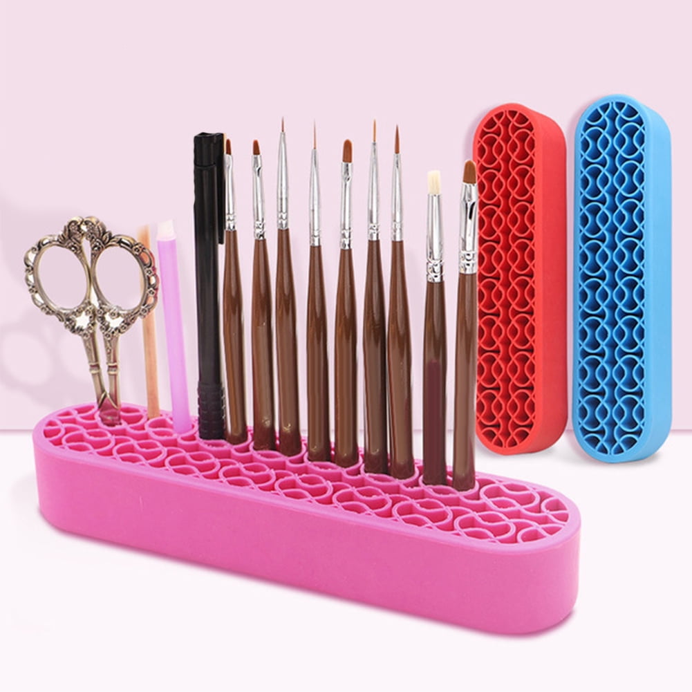 Bueautybox Makeup Beauty Brush Holder Organizer, Lipstick Holder Case Silicone Nail Polish Storage Rack Professional Cosmetic Display Box Pink